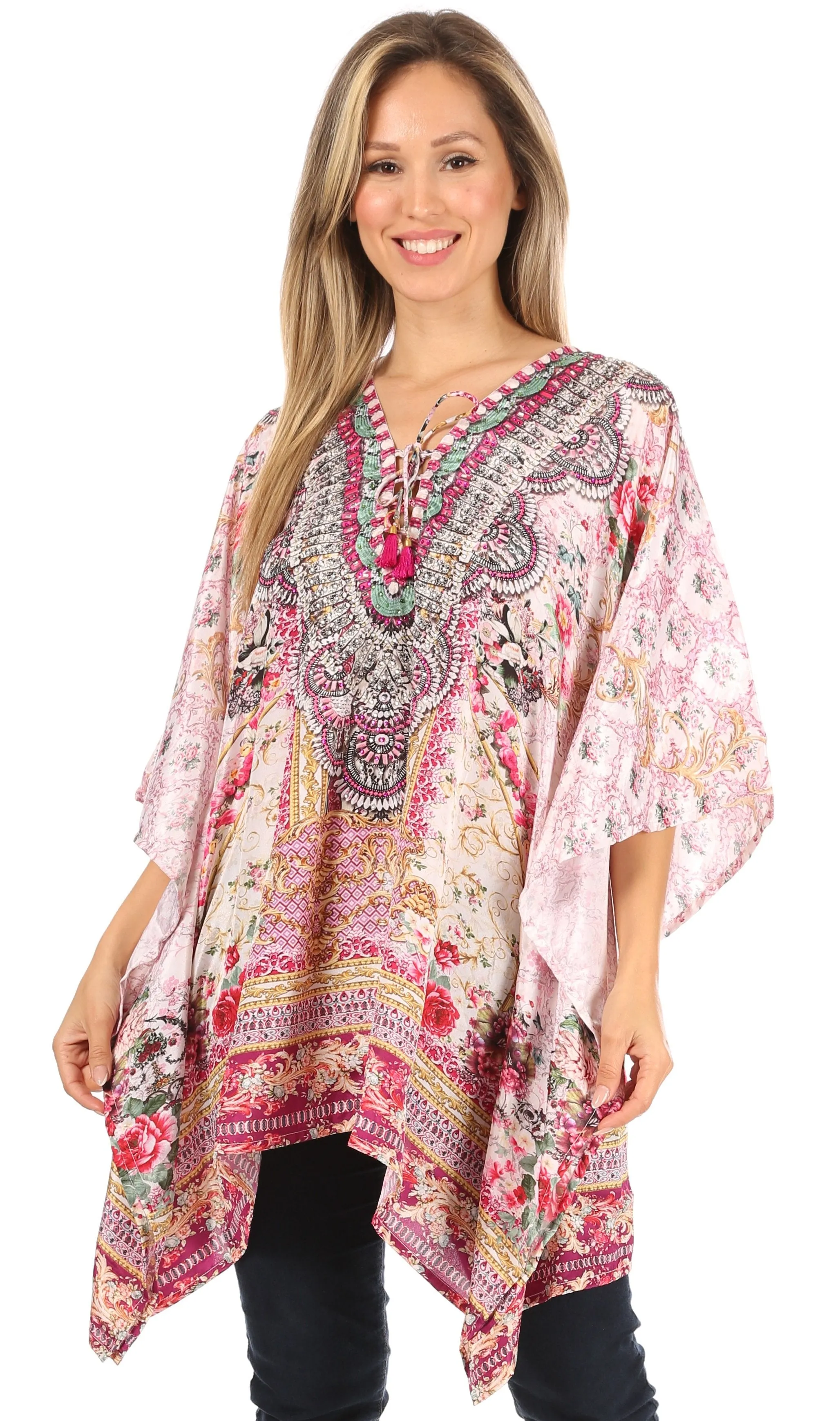 Stylish Rhinestone Lace-Up V-Neck Women's Caftan Poncho Cover-Up by Sakkas Aymee