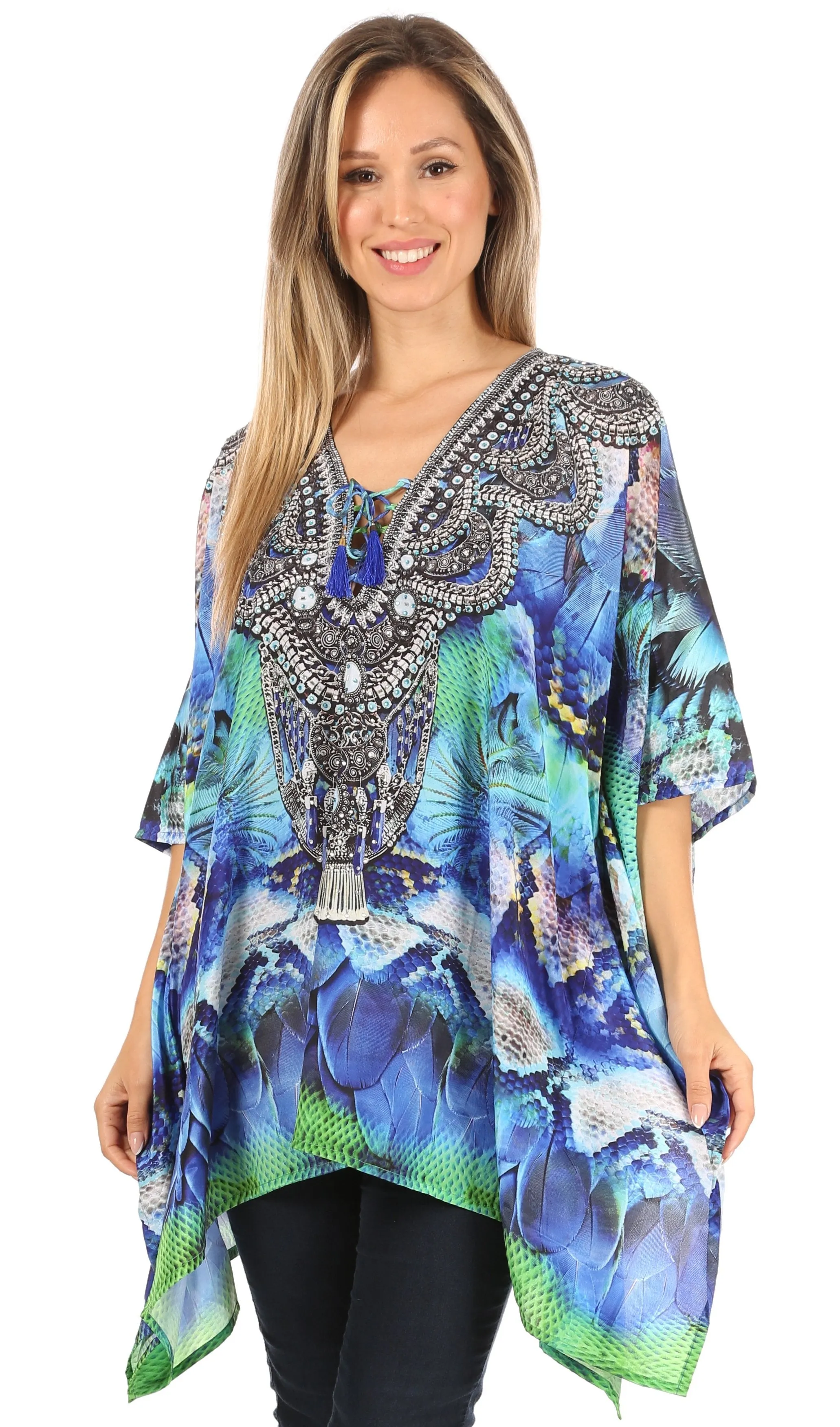 Stylish Rhinestone Lace-Up V-Neck Women's Caftan Poncho Cover-Up by Sakkas Aymee