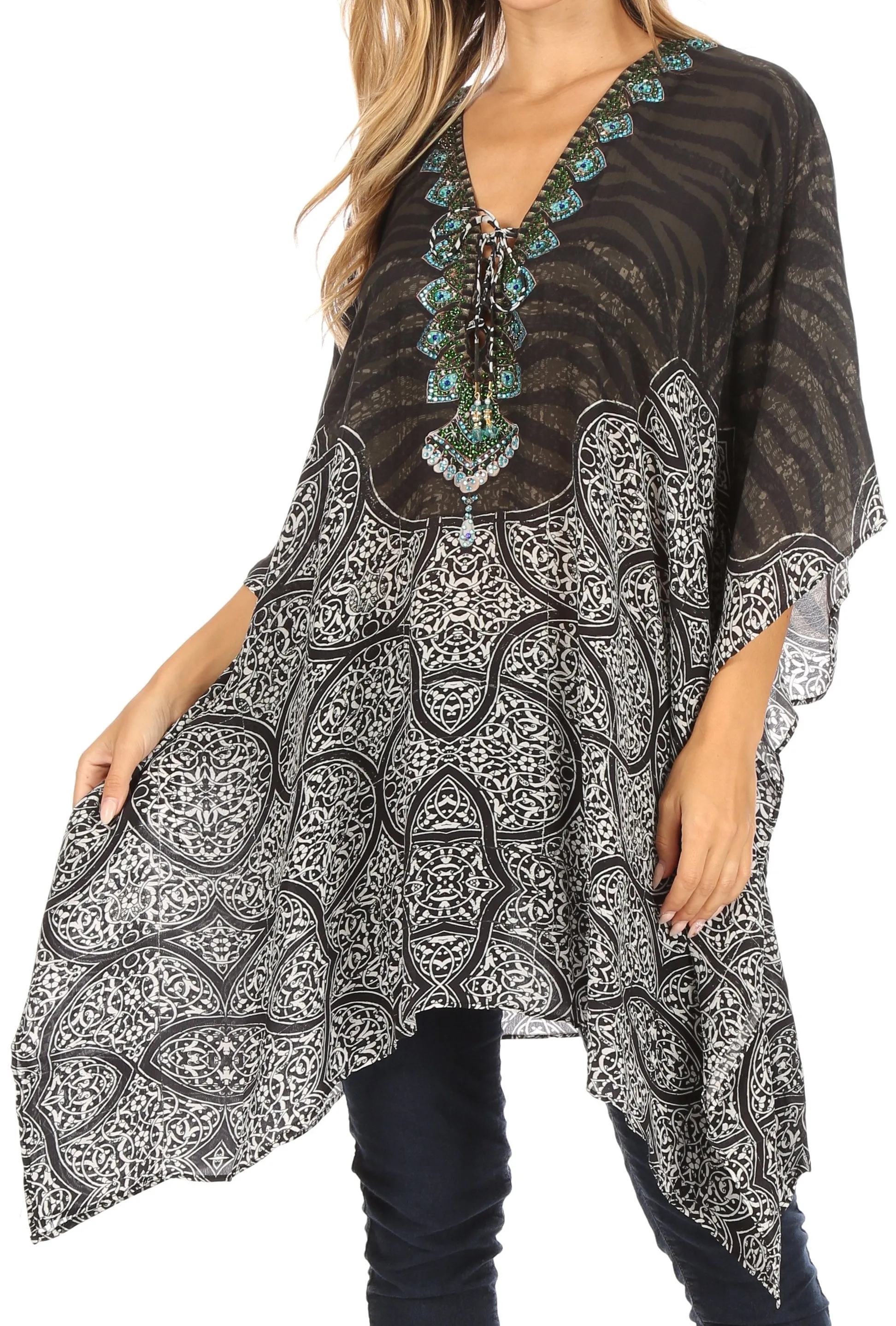 Stylish Rhinestone Lace-Up V-Neck Women's Caftan Poncho Cover-Up by Sakkas Aymee