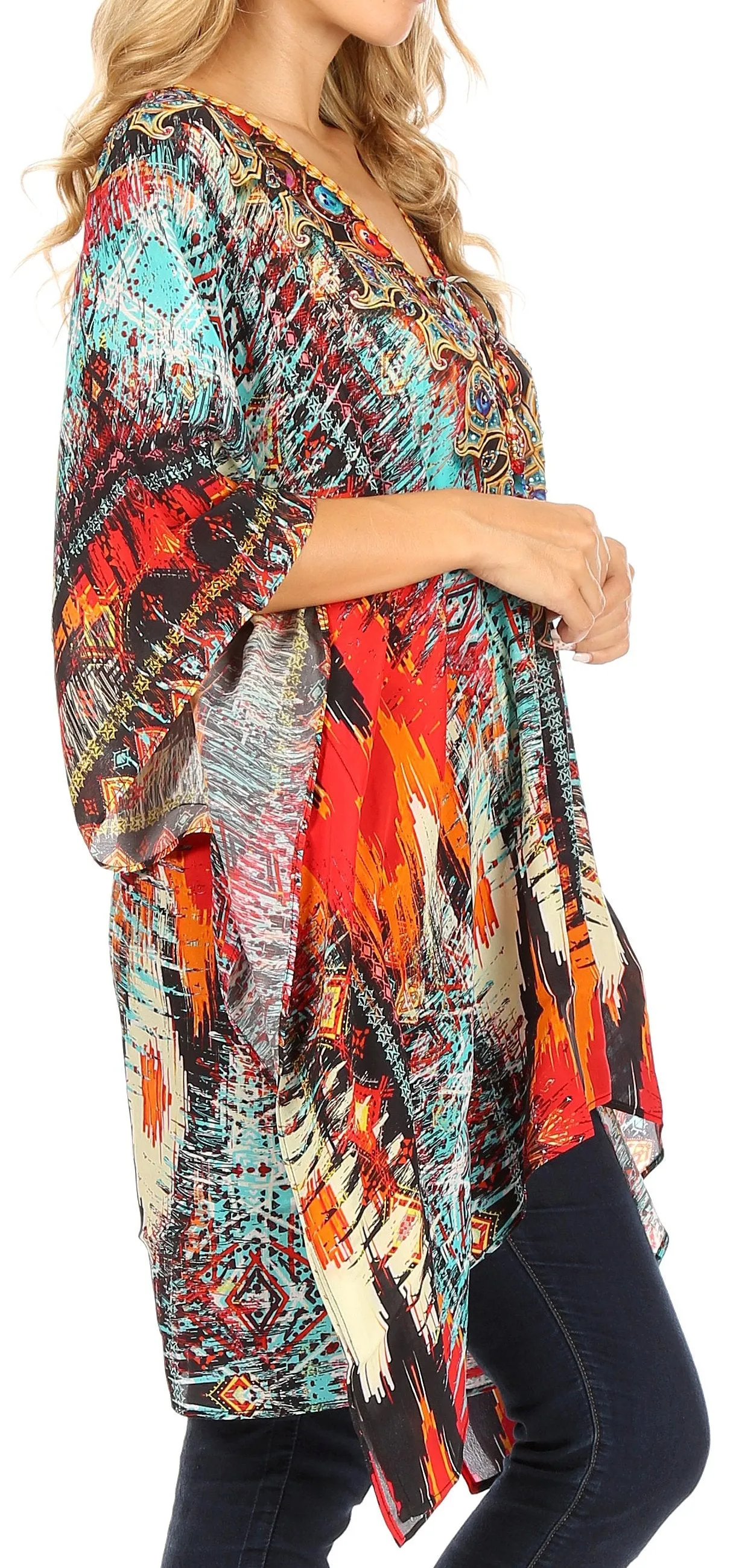 Stylish Rhinestone Lace-Up V-Neck Women's Caftan Poncho Cover-Up by Sakkas Aymee