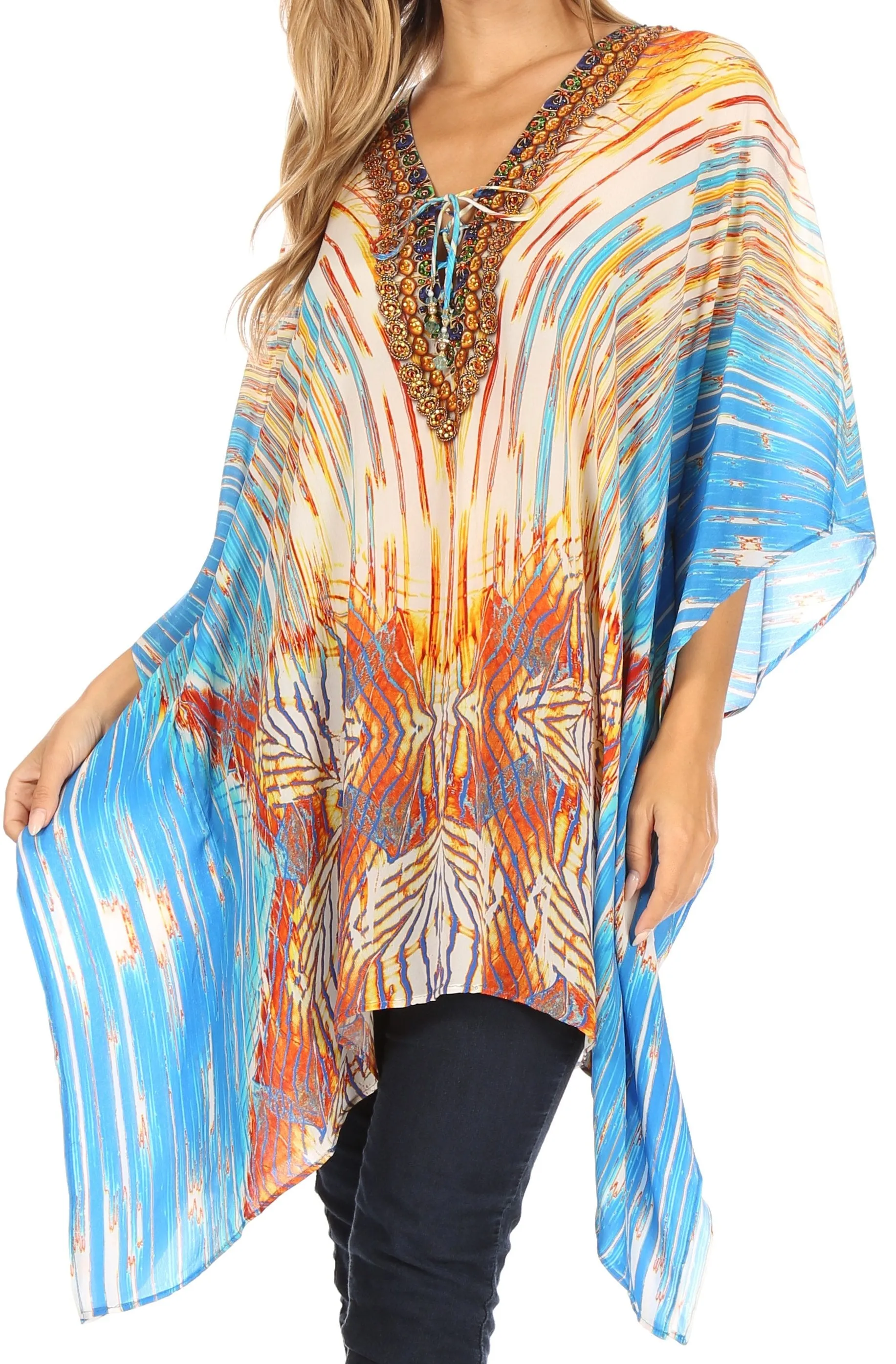 Stylish Rhinestone Lace-Up V-Neck Women's Caftan Poncho Cover-Up by Sakkas Aymee