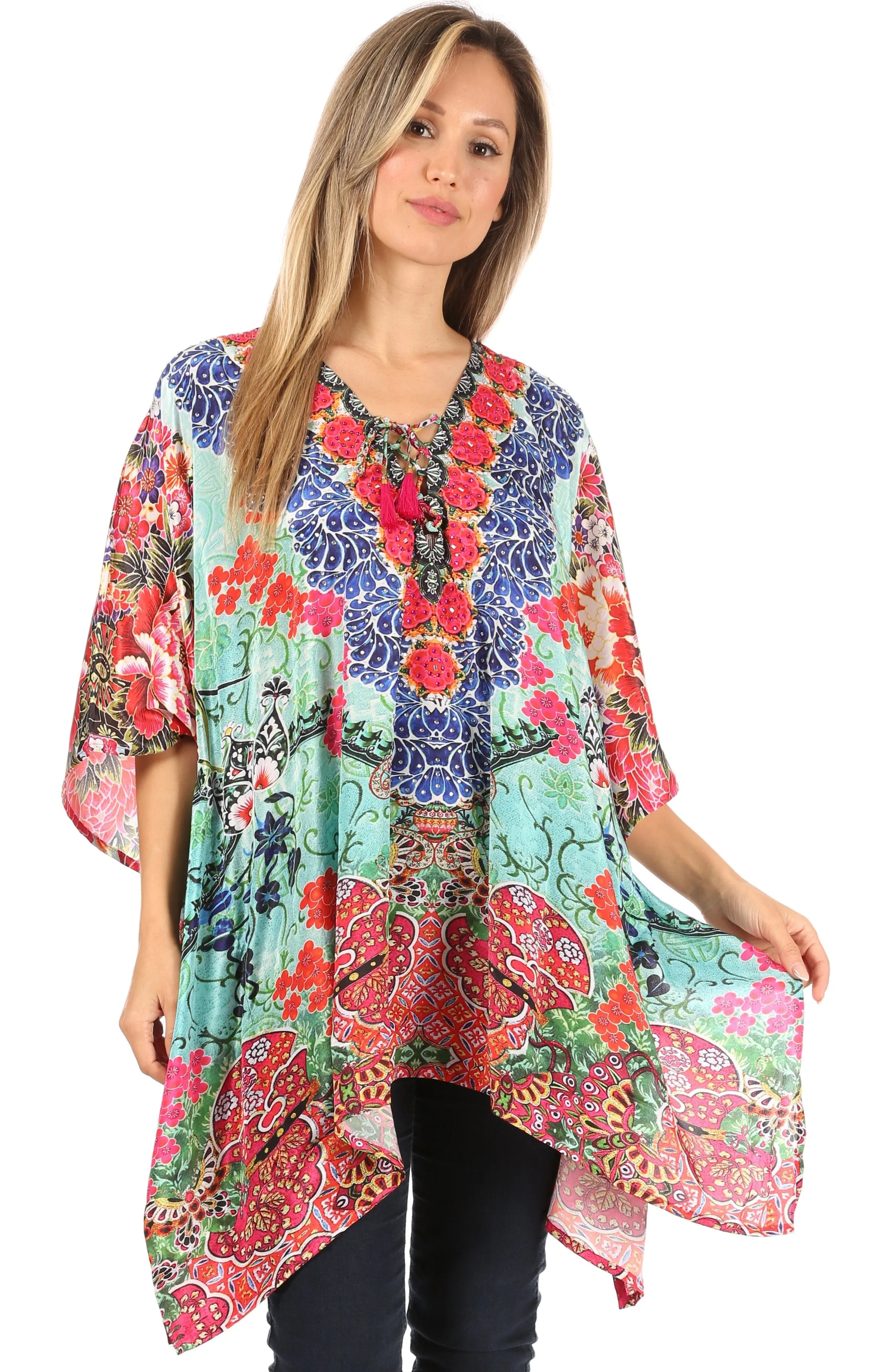 Stylish Rhinestone Lace-Up V-Neck Women's Caftan Poncho Cover-Up by Sakkas Aymee