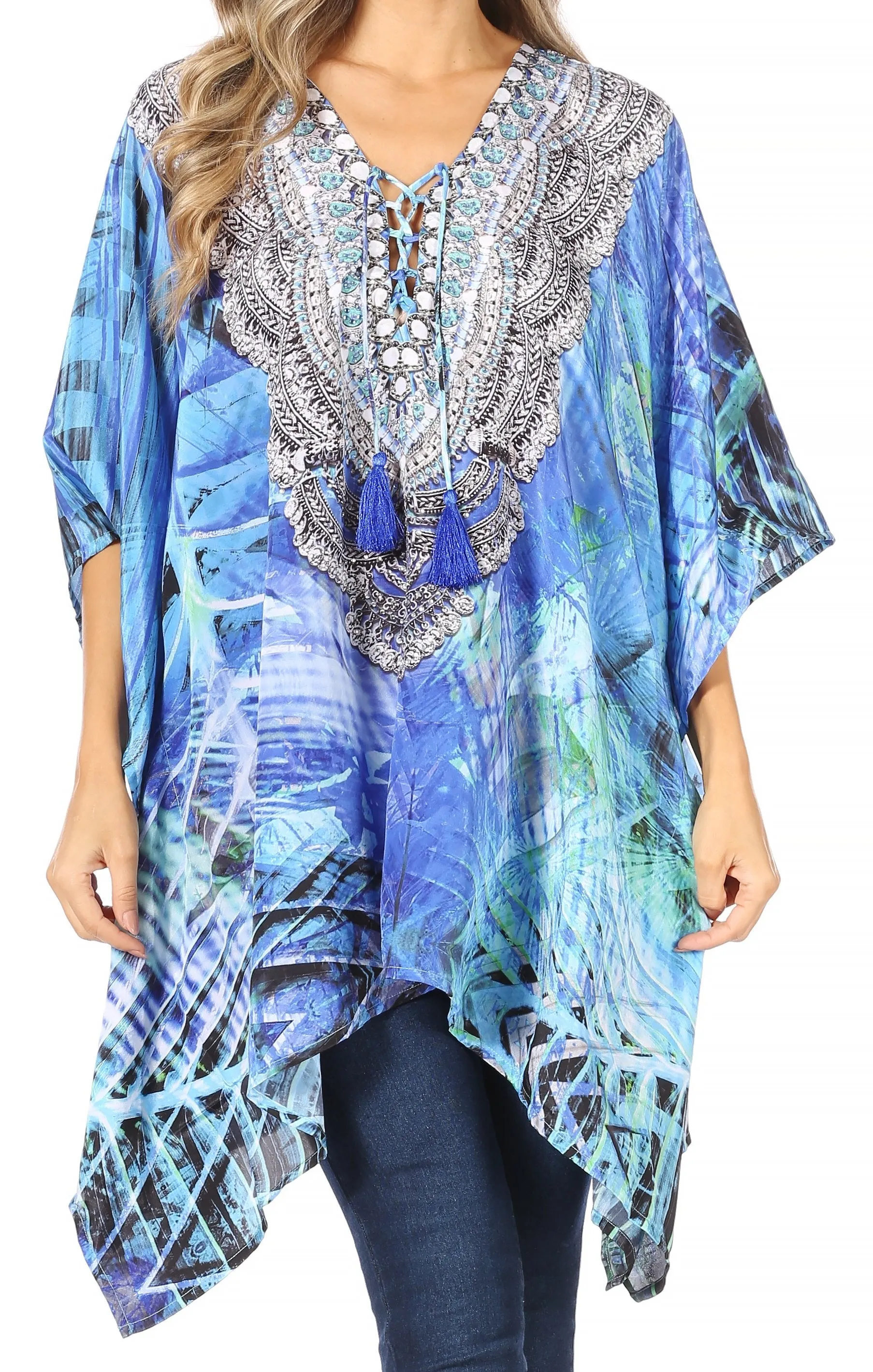 Stylish Rhinestone Lace-Up V-Neck Women's Caftan Poncho Cover-Up by Sakkas Aymee