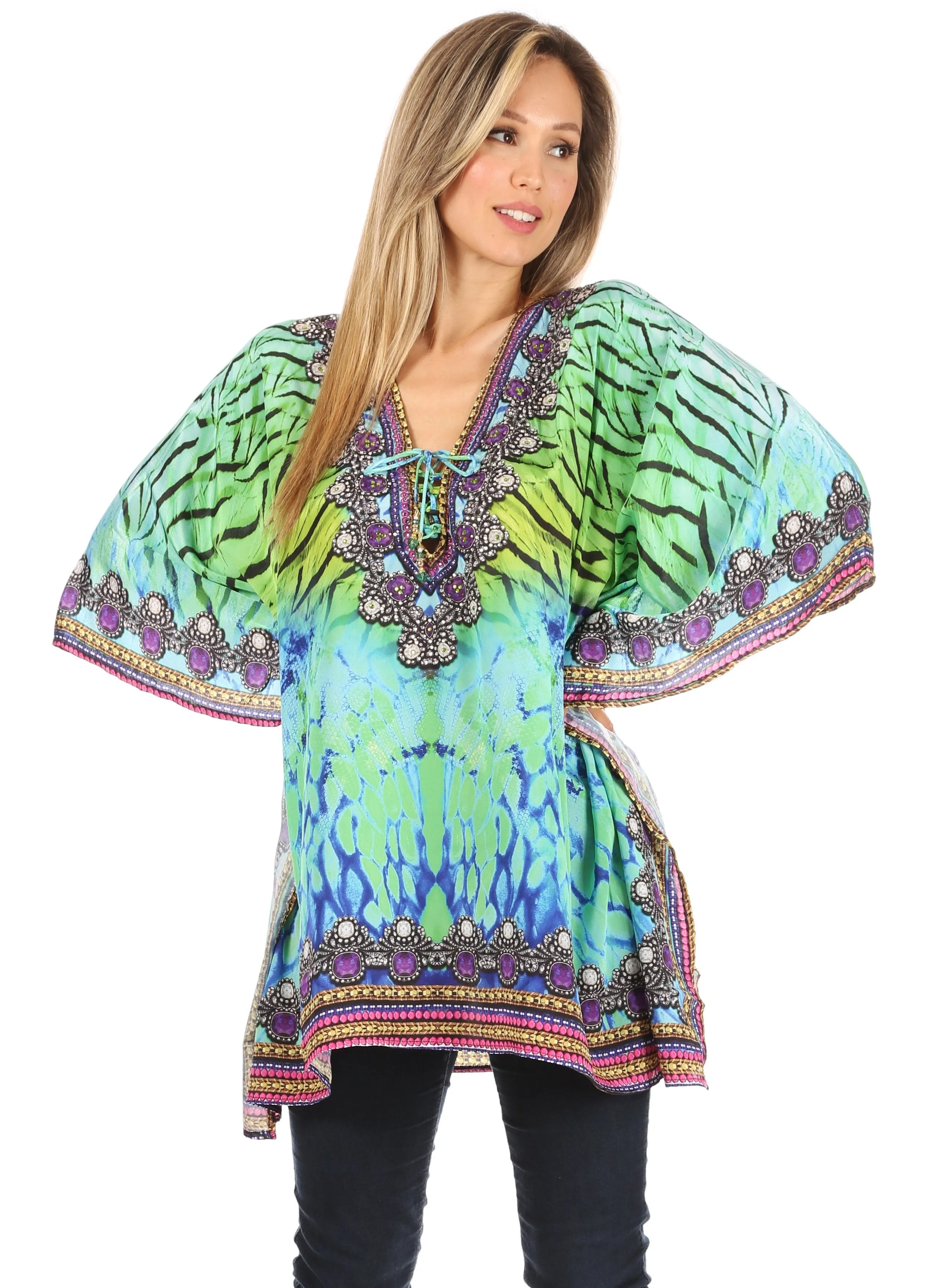 Stylish Rhinestone Lace-Up V-Neck Women's Caftan Poncho Cover-Up by Sakkas Aymee