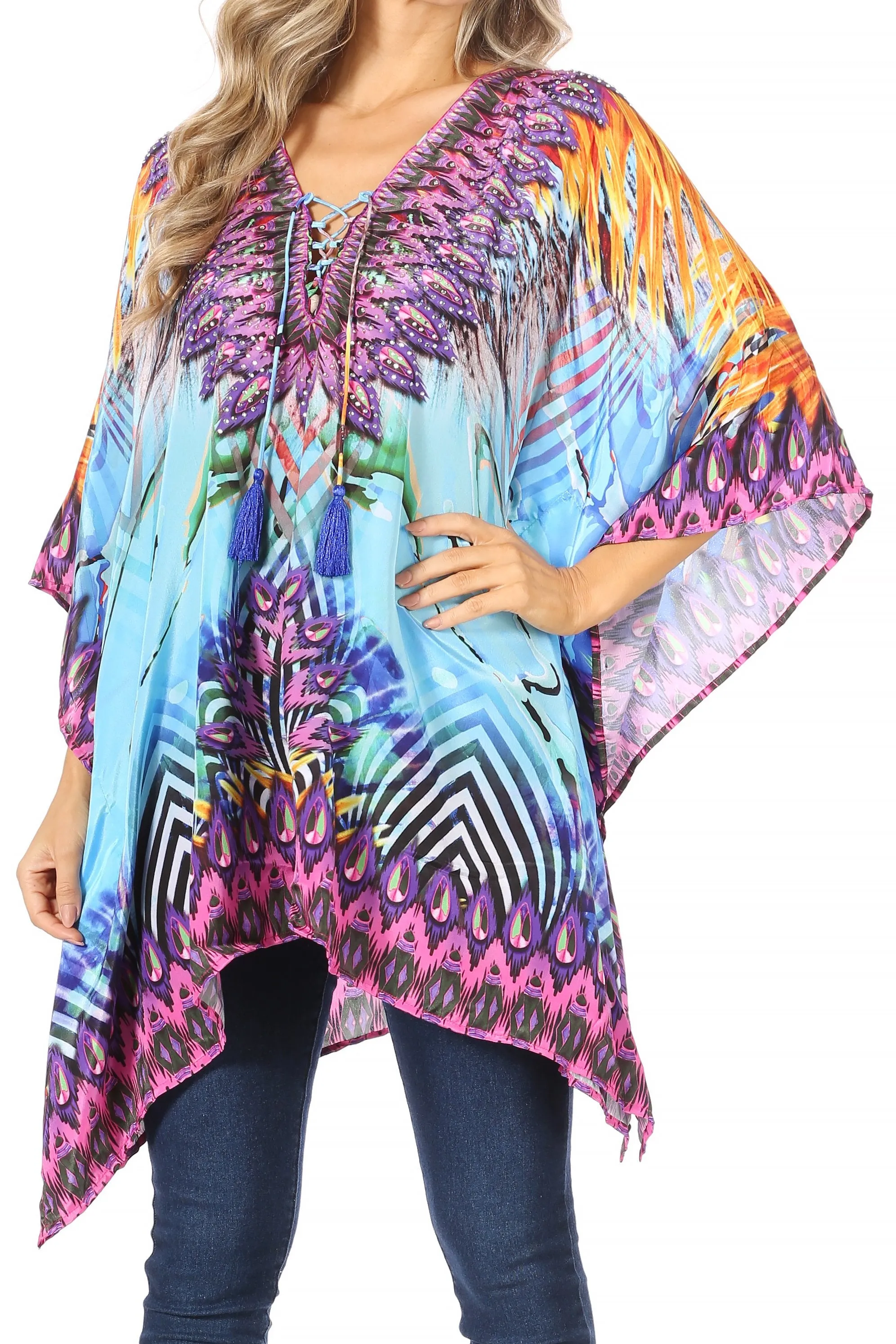 Stylish Rhinestone Lace-Up V-Neck Women's Caftan Poncho Cover-Up by Sakkas Aymee