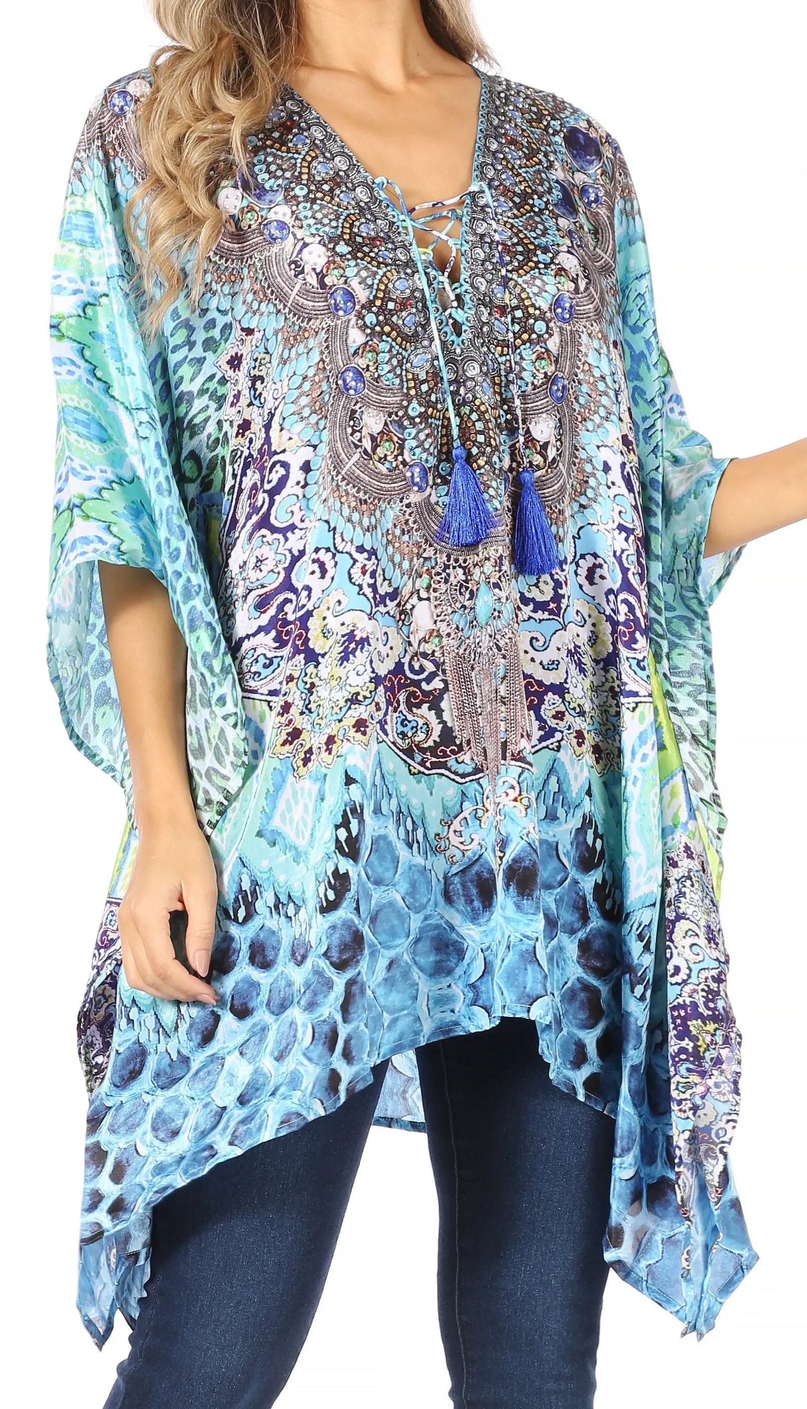 Stylish Rhinestone Lace-Up V-Neck Women's Caftan Poncho Cover-Up by Sakkas Aymee