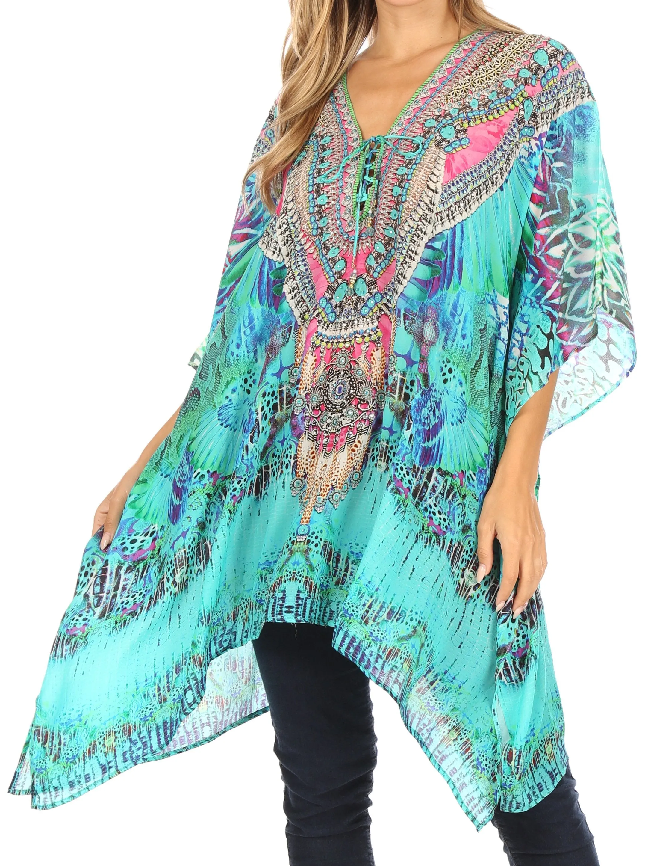 Stylish Rhinestone Lace-Up V-Neck Women's Caftan Poncho Cover-Up by Sakkas Aymee