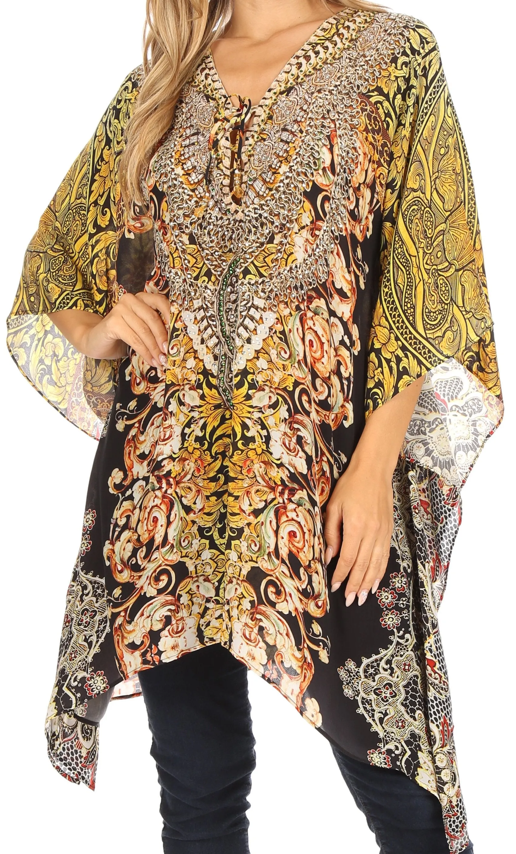 Stylish Rhinestone Lace-Up V-Neck Women's Caftan Poncho Cover-Up by Sakkas Aymee