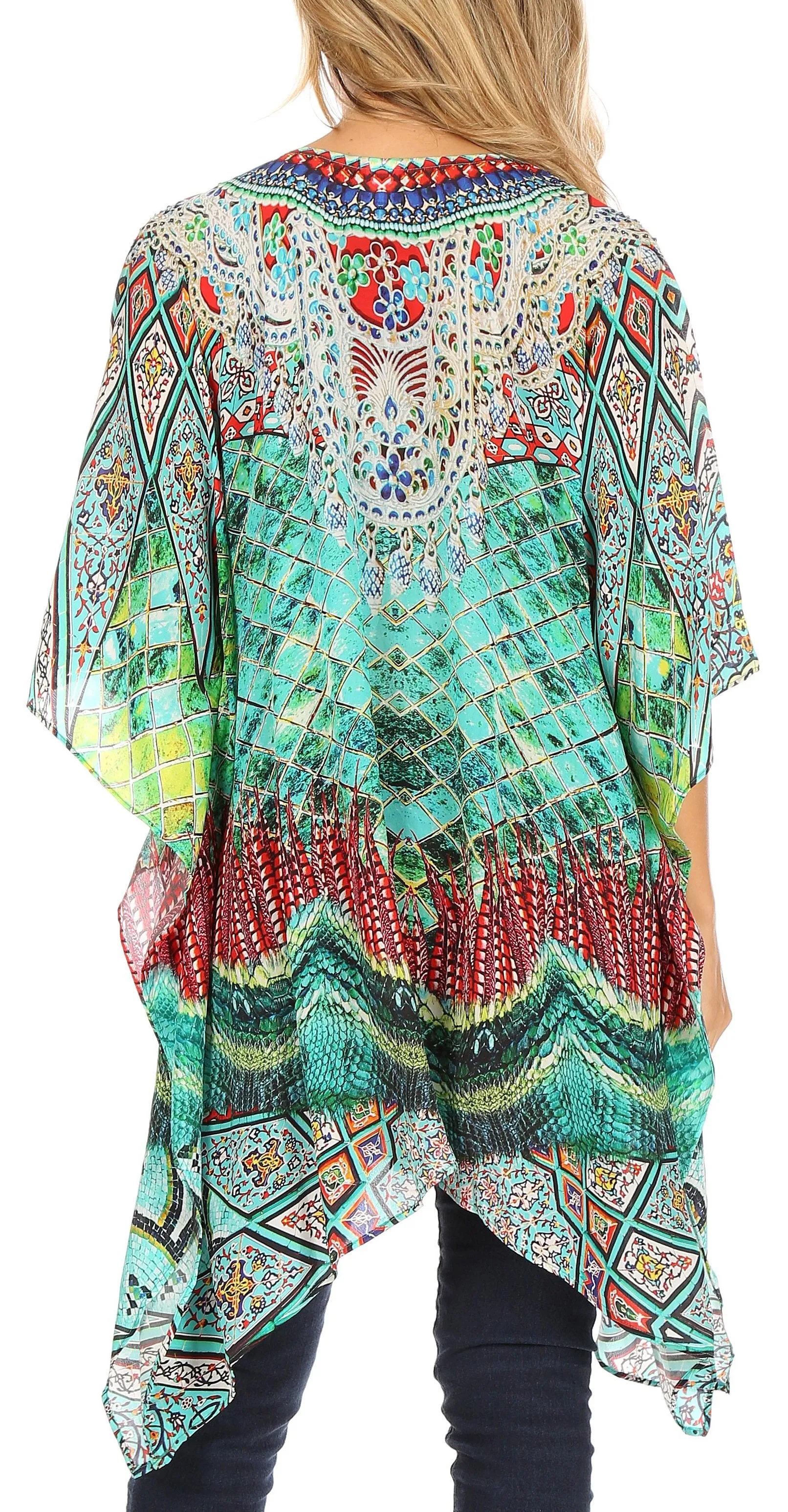 Stylish Rhinestone Lace-Up V-Neck Women's Caftan Poncho Cover-Up by Sakkas Aymee