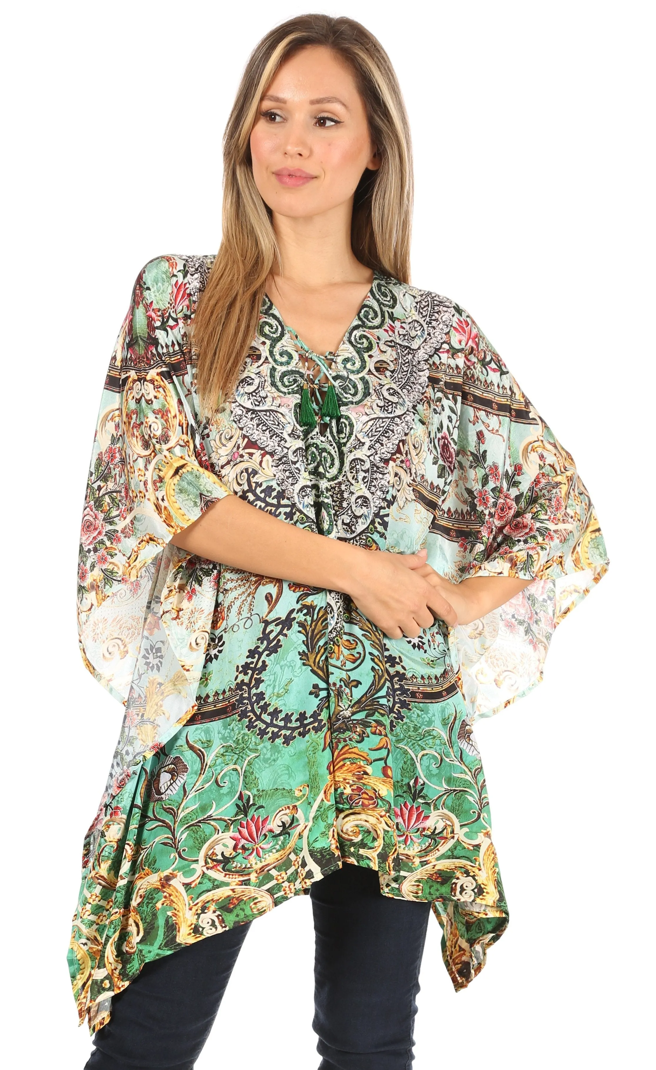 Stylish Rhinestone Lace-Up V-Neck Women's Caftan Poncho Cover-Up by Sakkas Aymee