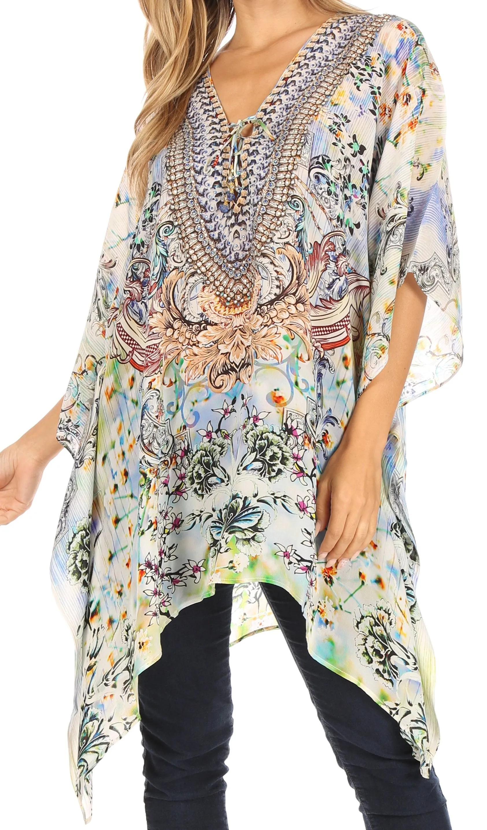 Stylish Rhinestone Lace-Up V-Neck Women's Caftan Poncho Cover-Up by Sakkas Aymee