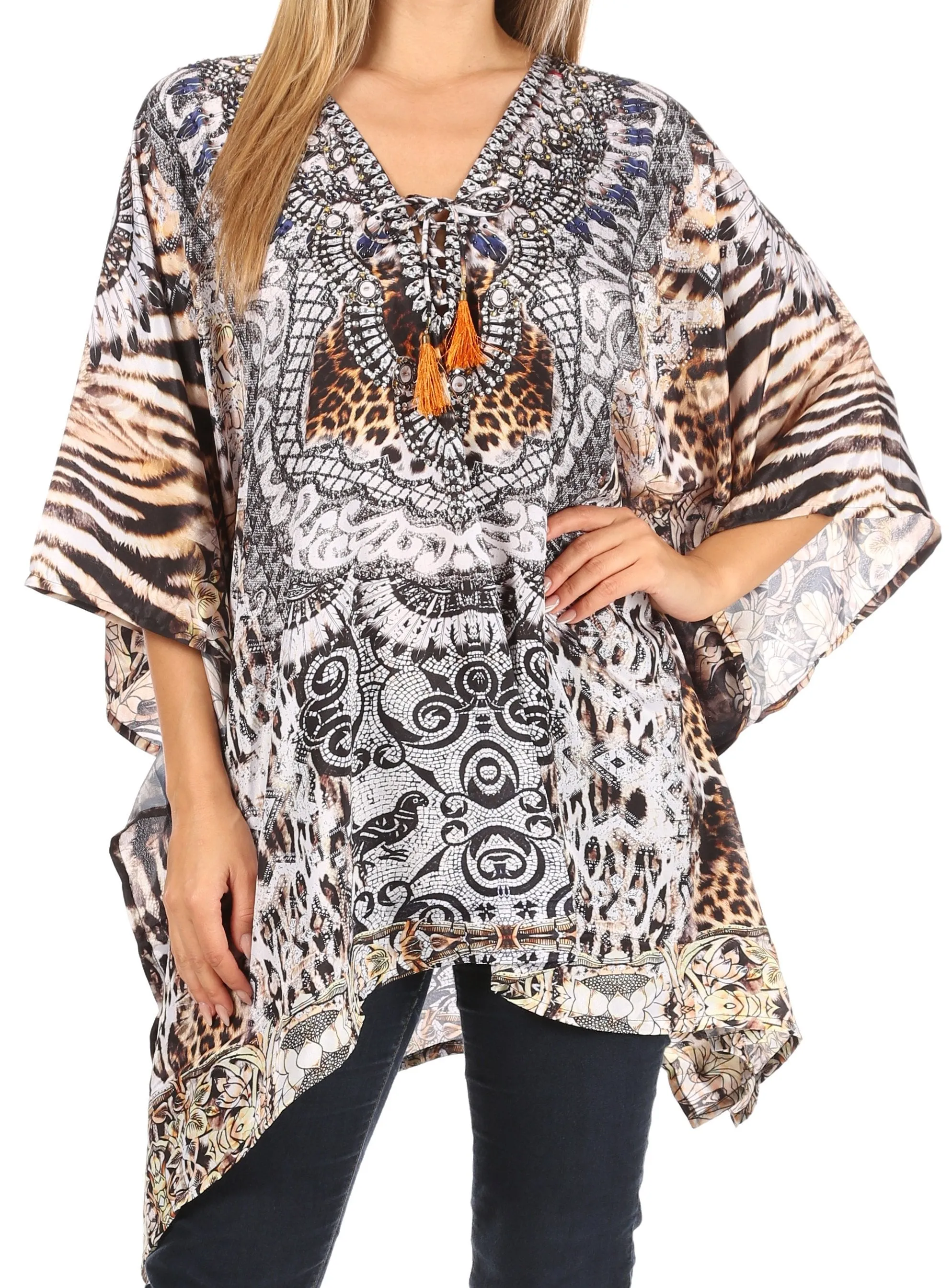 Stylish Rhinestone Lace-Up V-Neck Women's Caftan Poncho Cover-Up by Sakkas Aymee