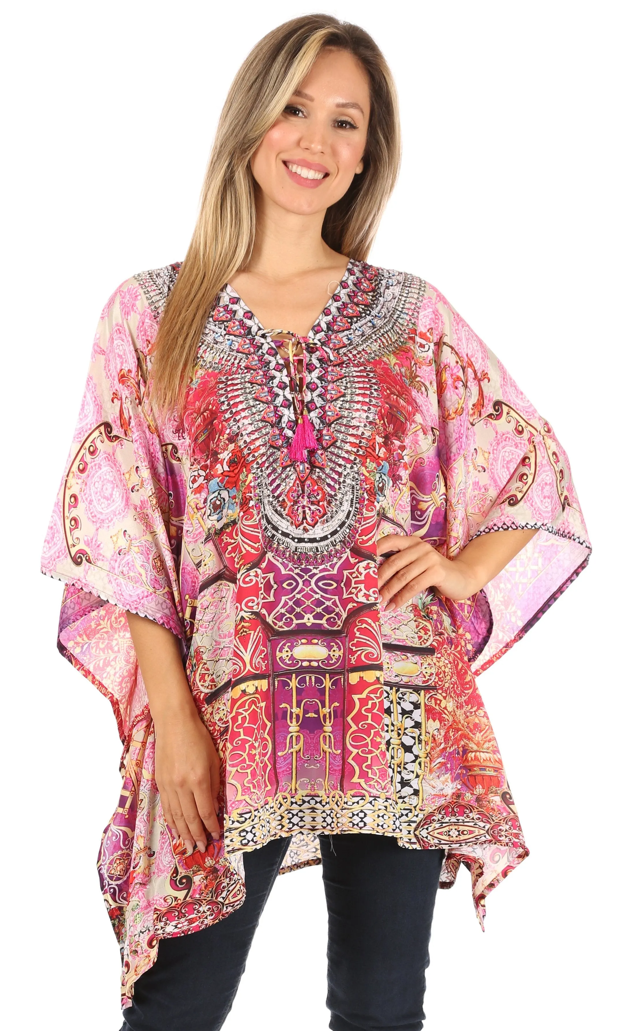 Stylish Rhinestone Lace-Up V-Neck Women's Caftan Poncho Cover-Up by Sakkas Aymee