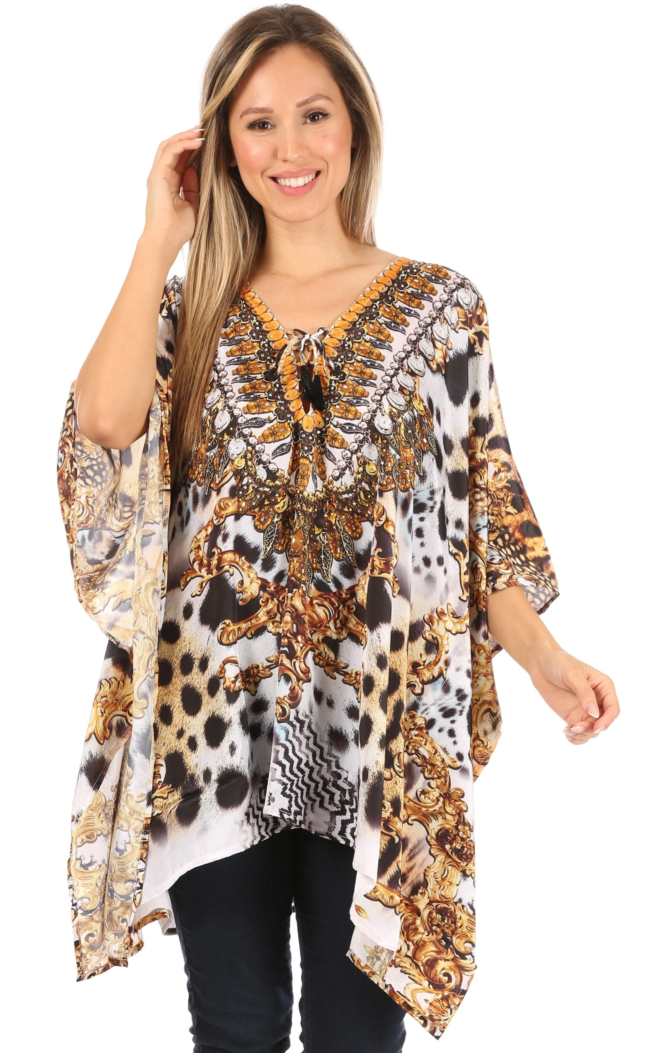 Stylish Rhinestone Lace-Up V-Neck Women's Caftan Poncho Cover-Up by Sakkas Aymee