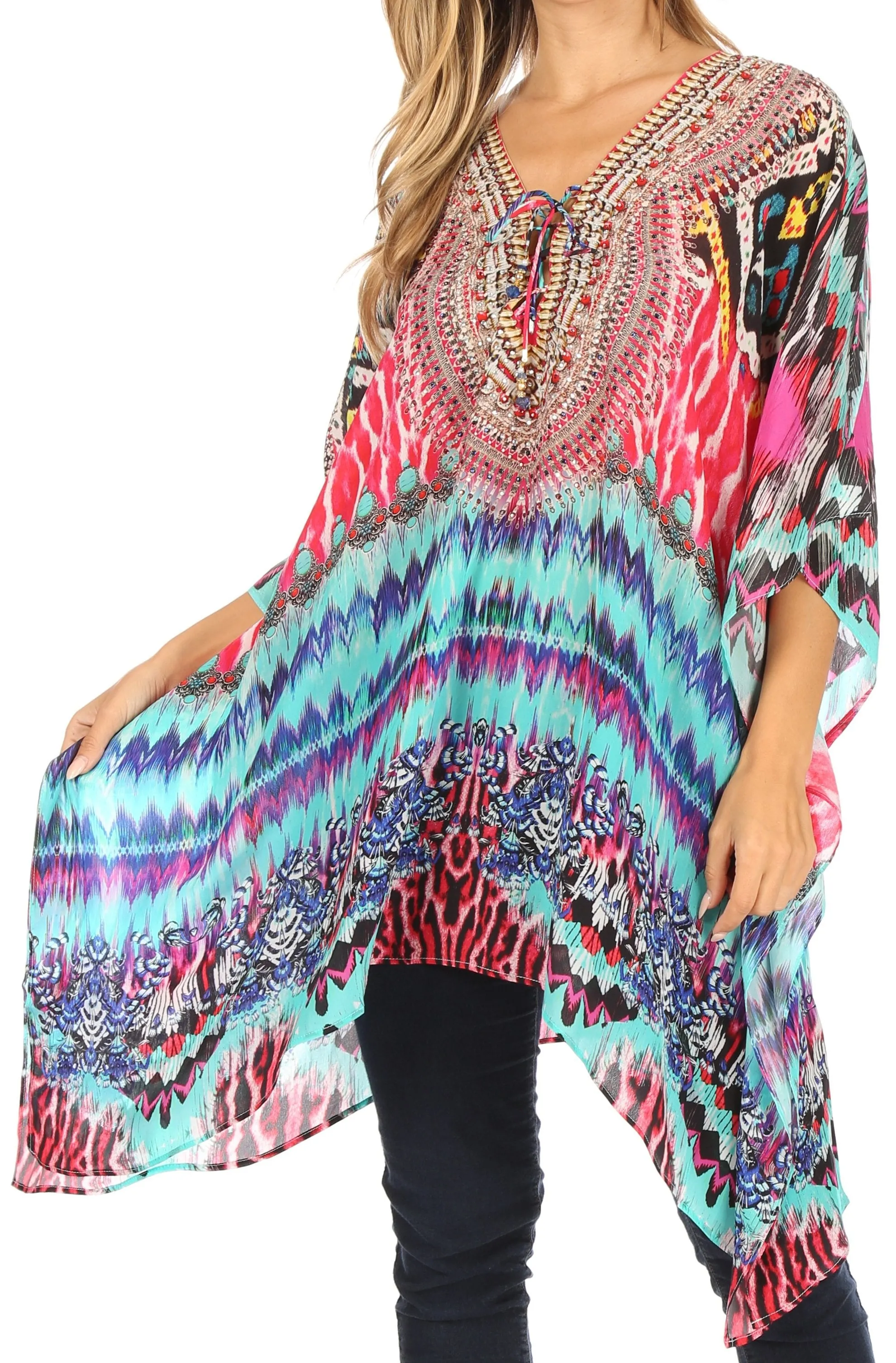 Stylish Rhinestone Lace-Up V-Neck Women's Caftan Poncho Cover-Up by Sakkas Aymee