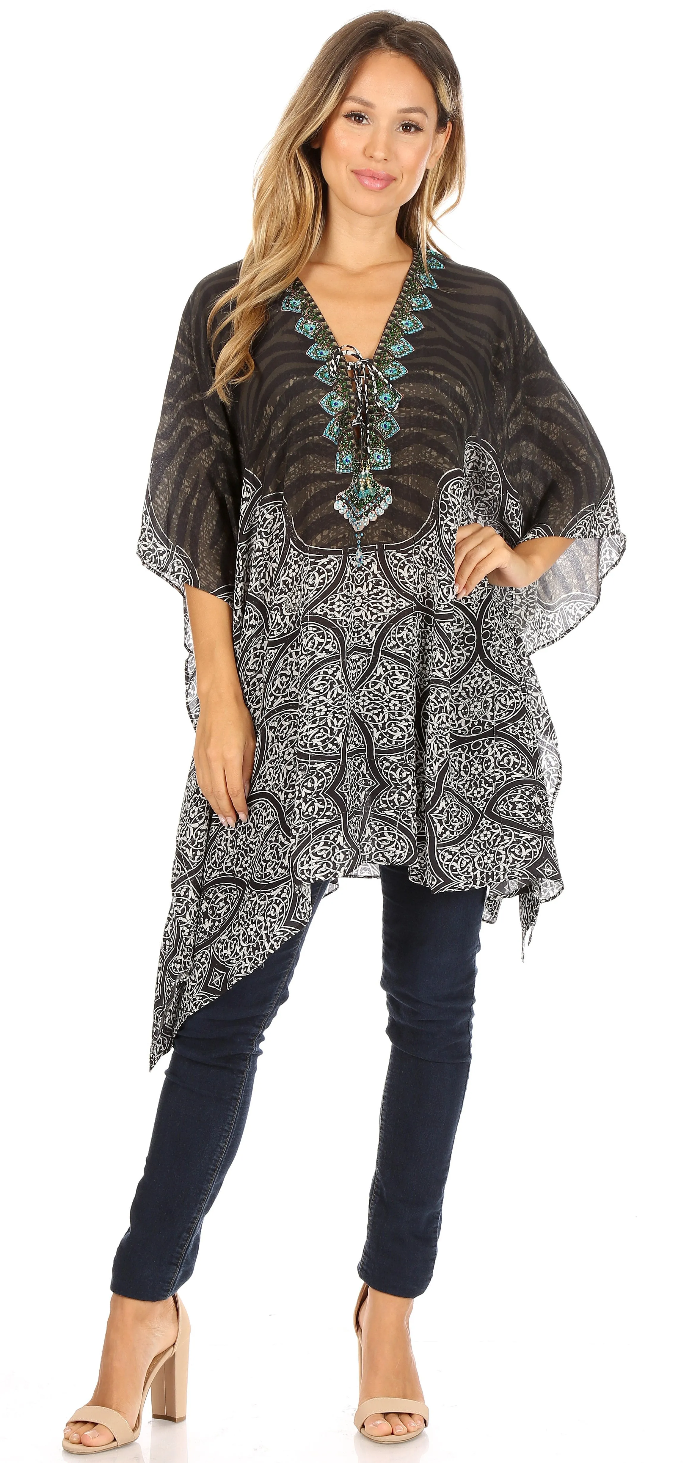 Stylish Rhinestone Lace-Up V-Neck Women's Caftan Poncho Cover-Up by Sakkas Aymee