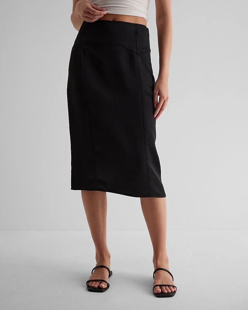 Super High Waisted Satin Seamed Midi Skirt in Pitch Black