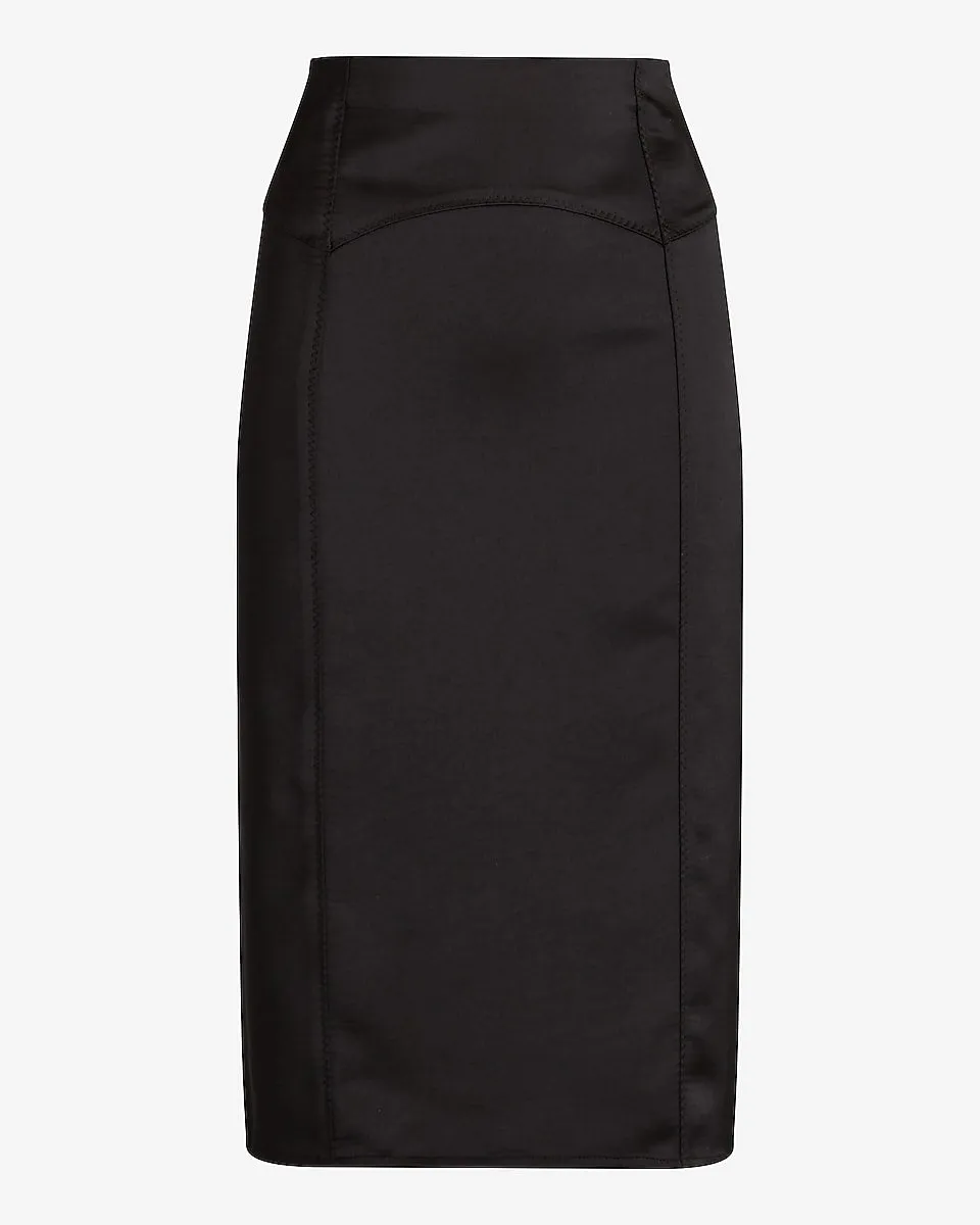 Super High Waisted Satin Seamed Midi Skirt in Pitch Black