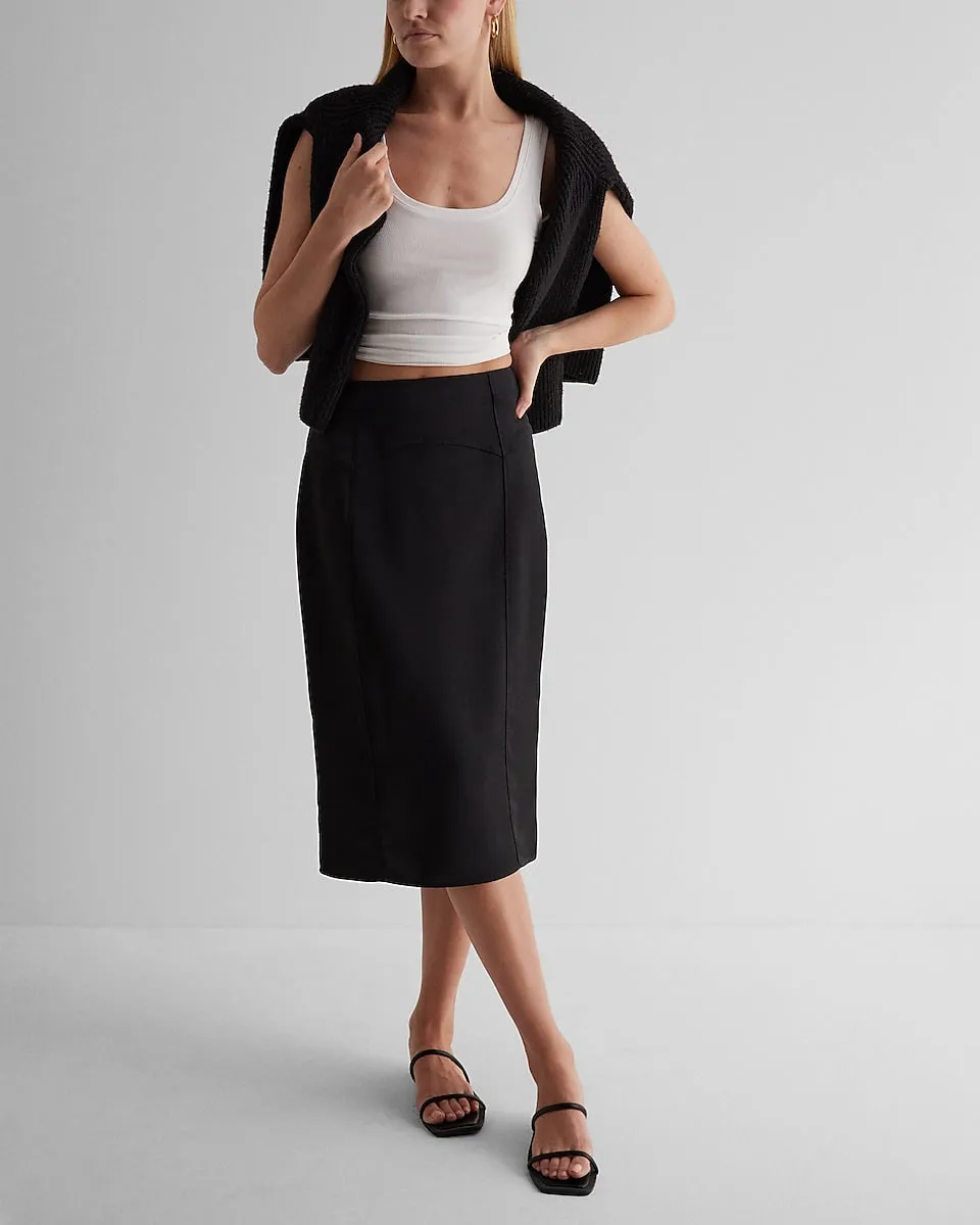 Super High Waisted Satin Seamed Midi Skirt in Pitch Black