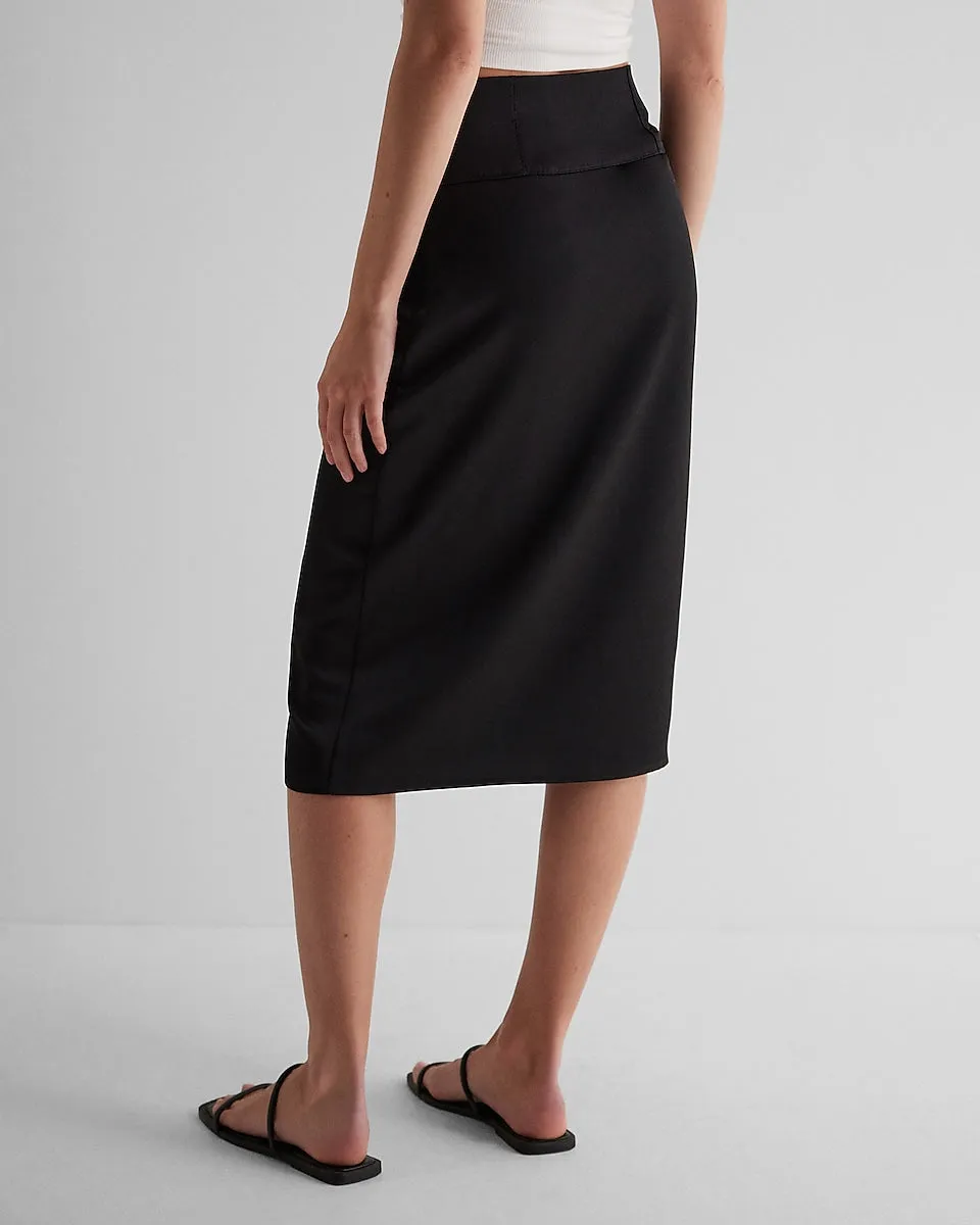 Super High Waisted Satin Seamed Midi Skirt in Pitch Black