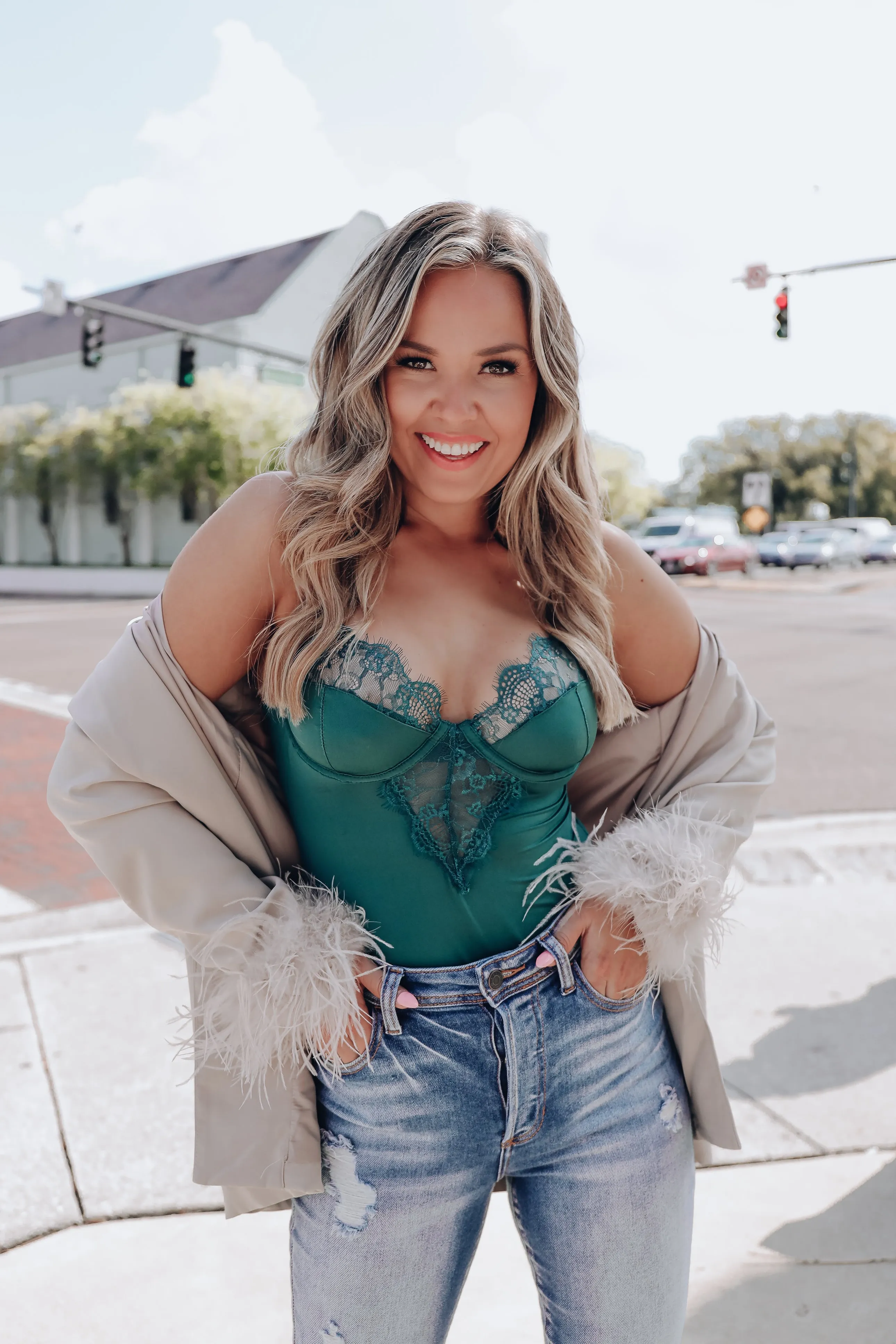 Tease Lace Trim Bustier Bodysuit - Teal