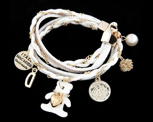 Teddy Bear Pendant White Leather Bracelet