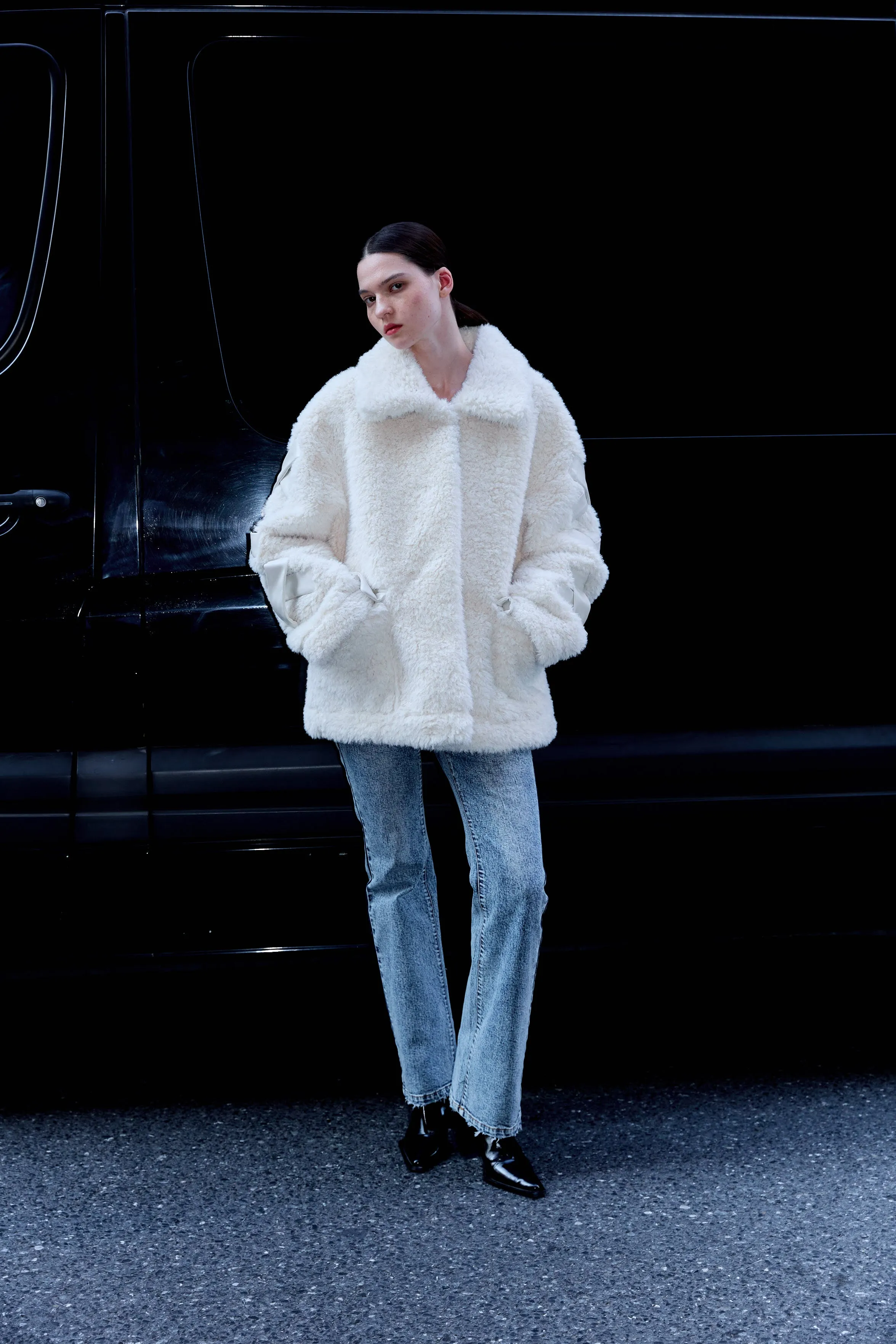 Teddy Shearling Bow Coat - White