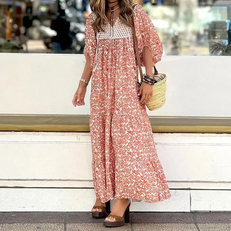 Temperament Floral V-neck New Puff Sleeve High Waist Bohemian Elegant Pleated Beach Long Floral Summer Dress