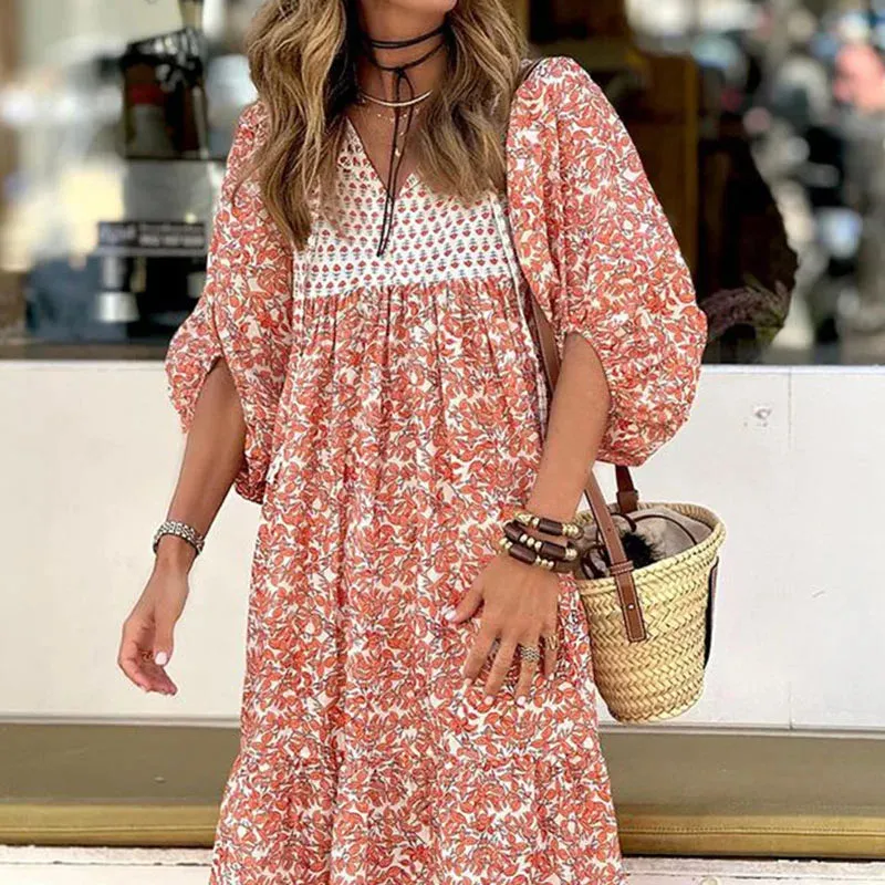 Temperament Floral V-neck New Puff Sleeve High Waist Bohemian Elegant Pleated Beach Long Floral Summer Dress