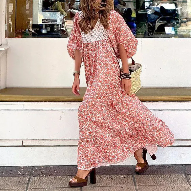 Temperament Floral V-neck New Puff Sleeve High Waist Bohemian Elegant Pleated Beach Long Floral Summer Dress