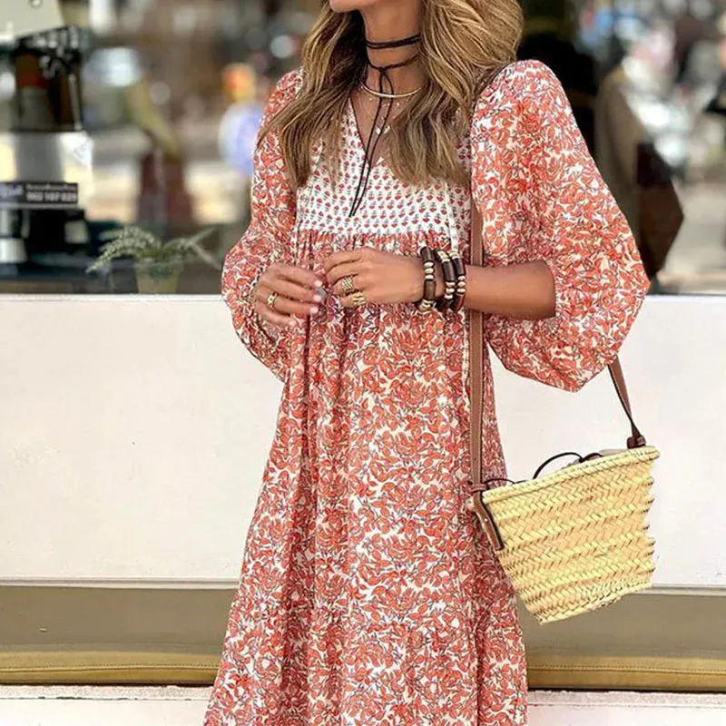 Temperament Floral V-neck New Puff Sleeve High Waist Bohemian Elegant Pleated Beach Long Floral Summer Dress