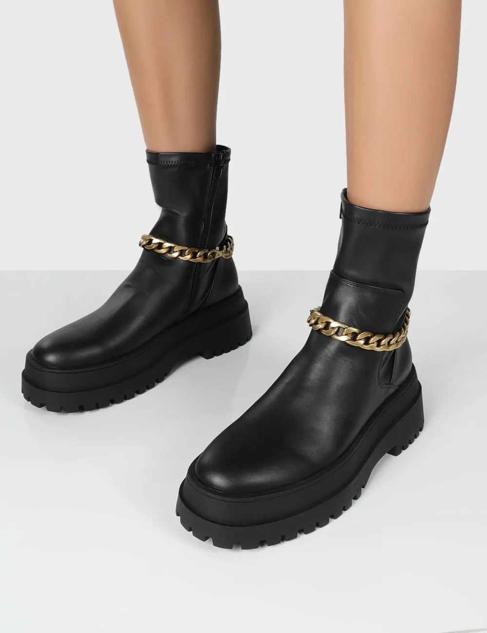 Tessa Black Platform Chunky Chain Detail Ankle Boots