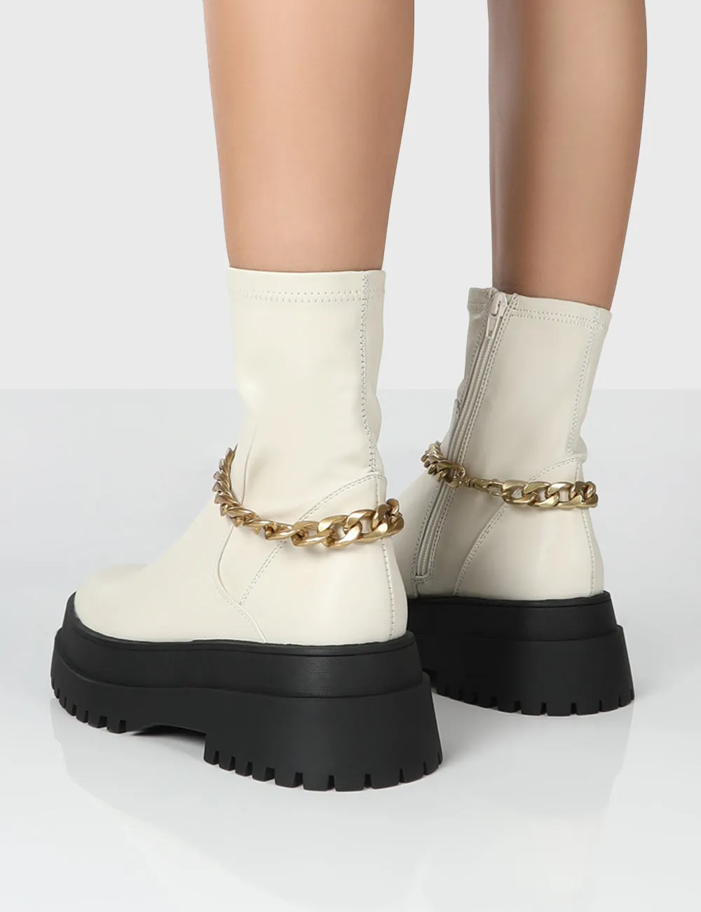 Tessa Cream Platform Chunky Chain Detail Ankle Boots