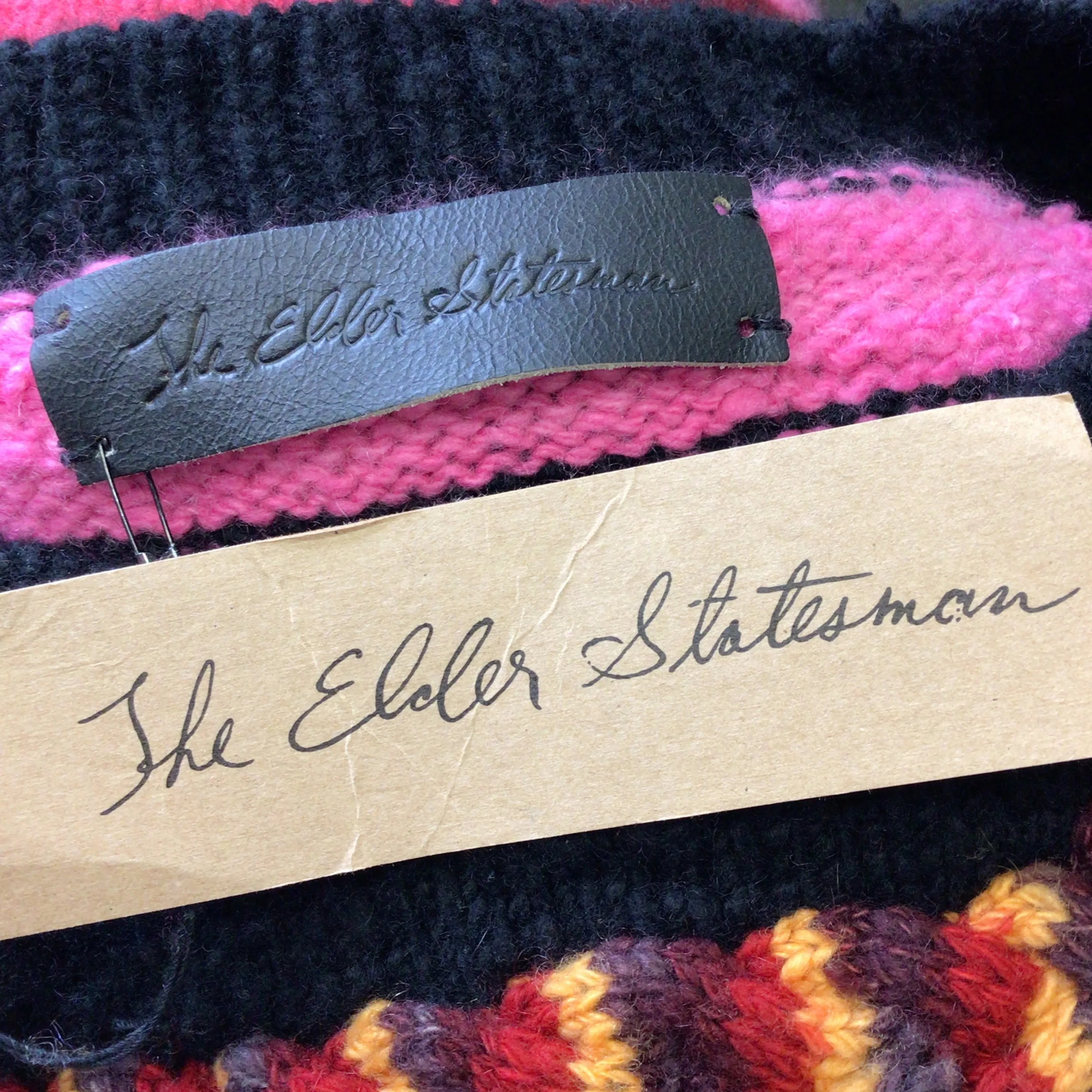 The Elder Statesman Black / Pink Multi Hand Knit 3D Mantra Crewneck Sweater