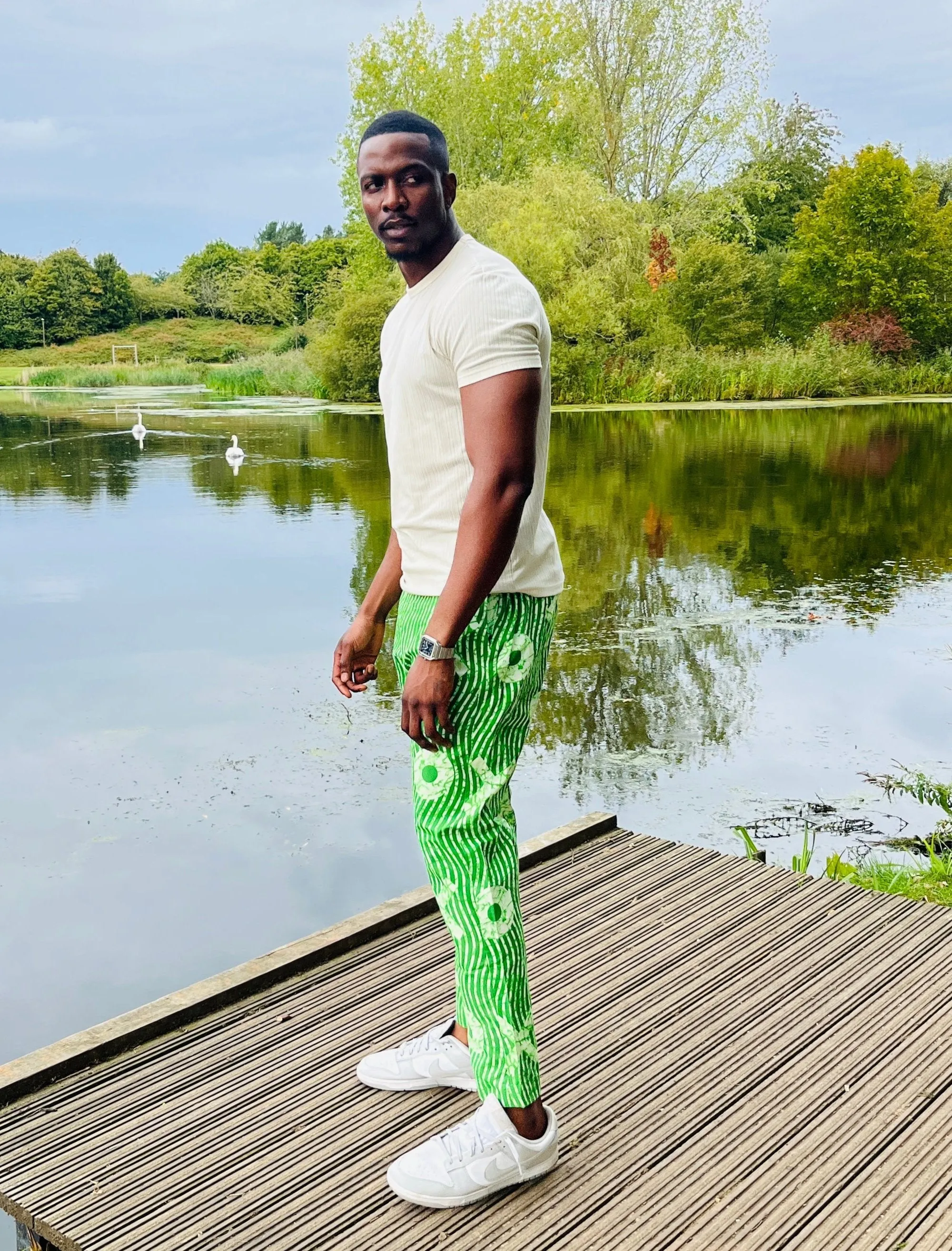 The Zembe Men Ankara African Print Slim Fit Trousers Panhs in Green by Eldimaa Fashion