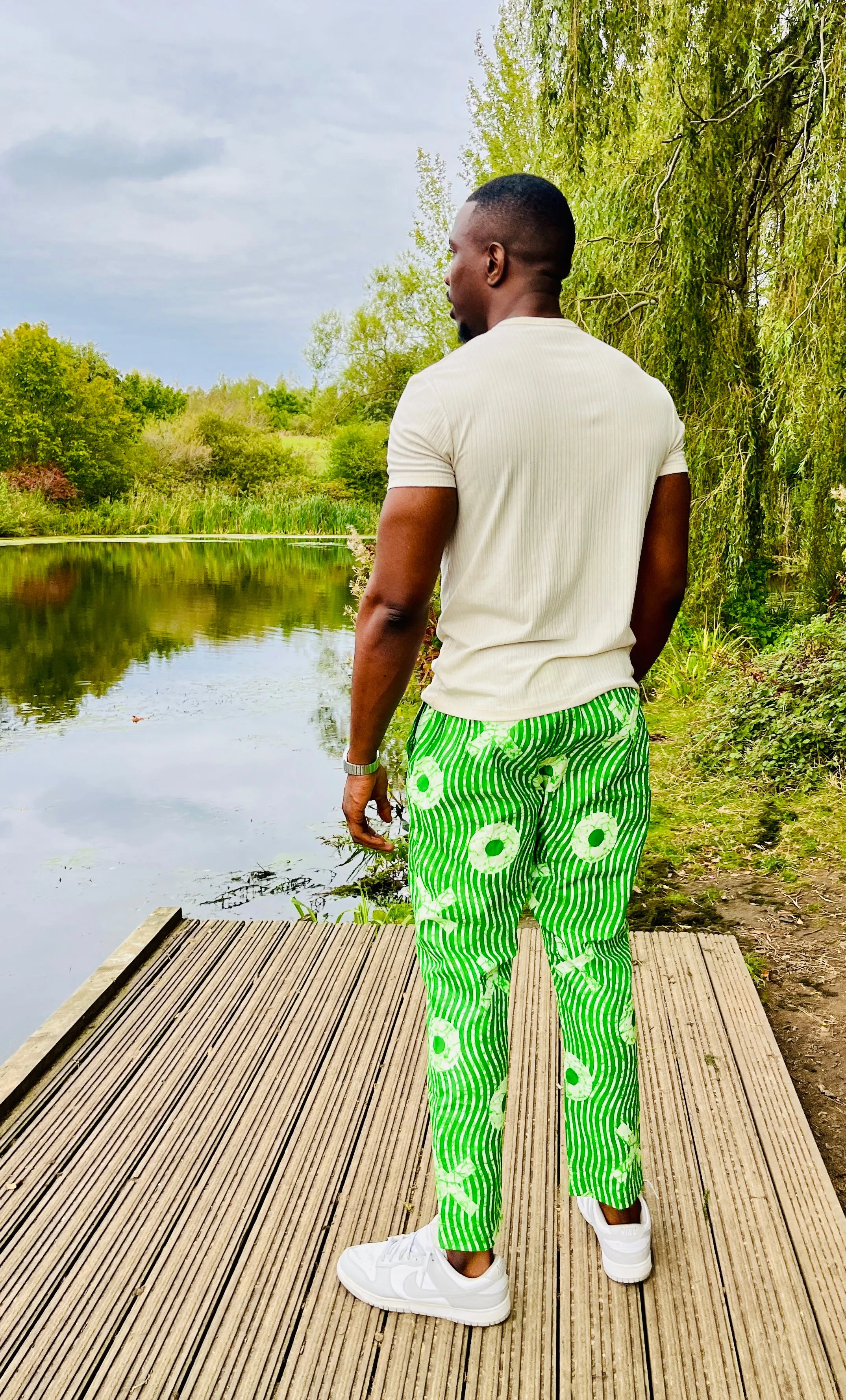 The Zembe Men Ankara African Print Slim Fit Trousers Panhs in Green by Eldimaa Fashion