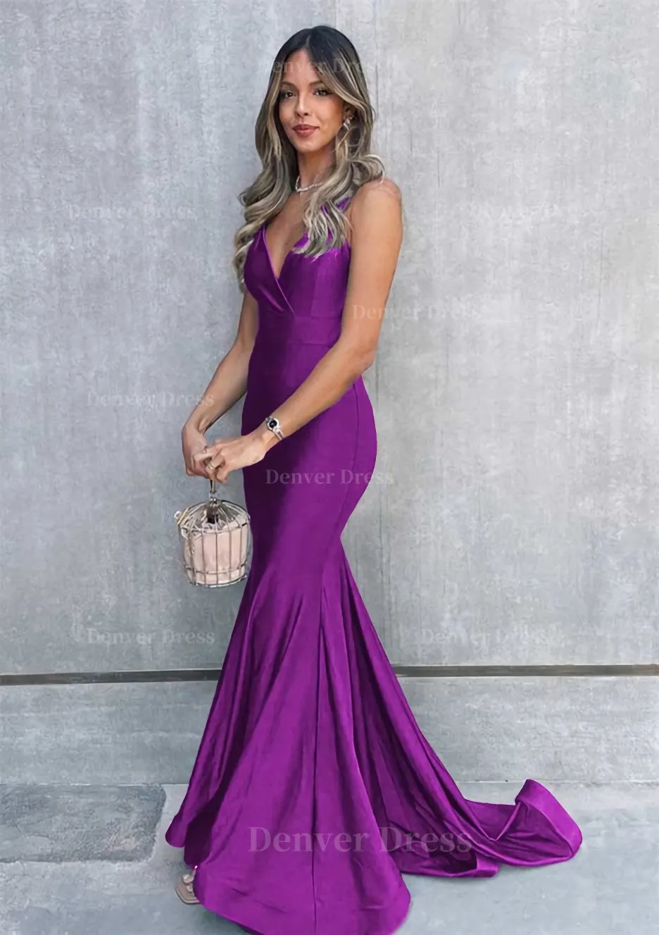 Trumpet/Mermaid V Neck Sleeveless Sweep Train Jersey Prom Dress