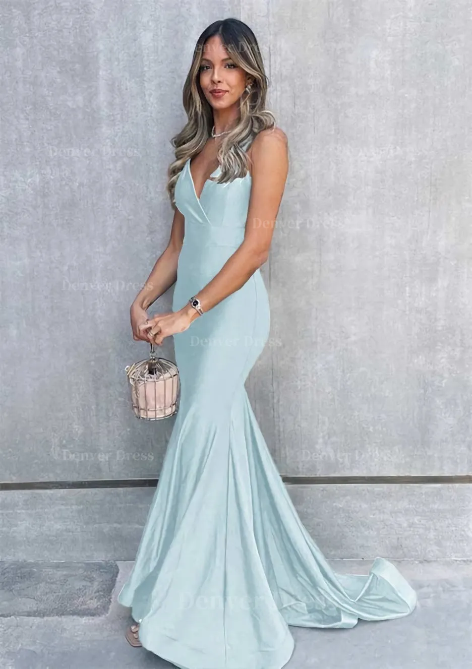 Trumpet/Mermaid V Neck Sleeveless Sweep Train Jersey Prom Dress