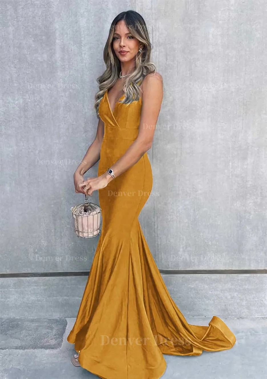 Trumpet/Mermaid V Neck Sleeveless Sweep Train Jersey Prom Dress