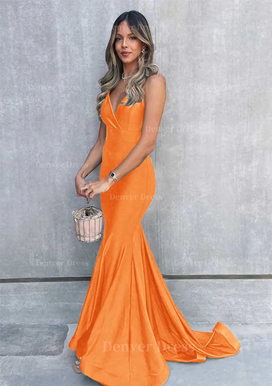 Trumpet/Mermaid V Neck Sleeveless Sweep Train Jersey Prom Dress