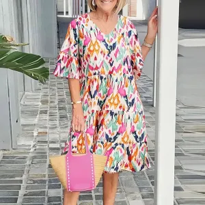 V-neck Casual Ruffle Half Sleeve Loose Bohemian Summer Floral Dress