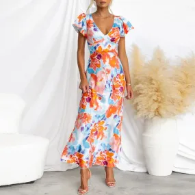 V-neck Floral Print Party Summer Fashion Short Sleeved High Waist A-line Women Casual Ruffle Slim Long Floral Elegant Dress