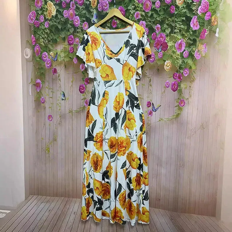 V-neck Floral Print Women's Evening Elegant Butterfly Sleeve High Waist Long Casual Office Slim Swing Floral Fashion Dress