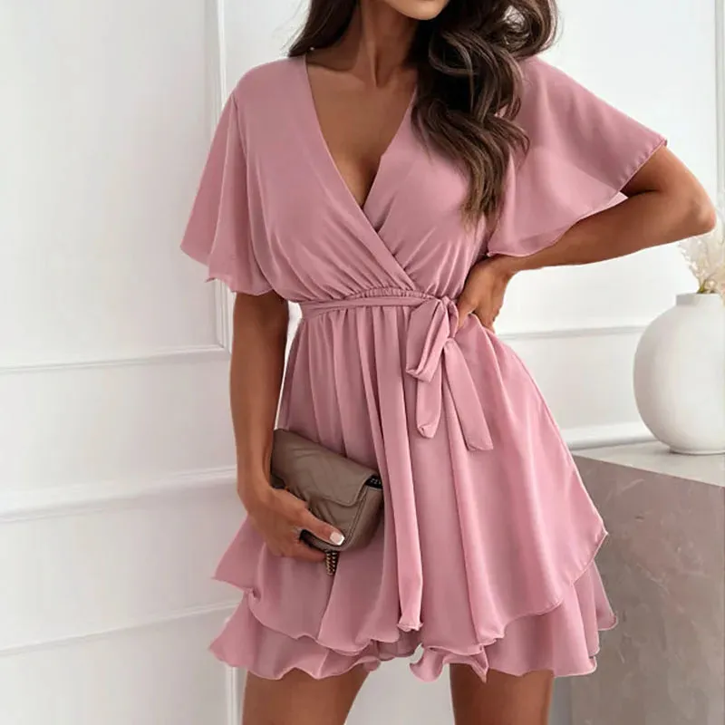 V Neck Lace Up Waist Mini Elegant Summer Short Sleeved Solid Pleated Party Sexy Dress