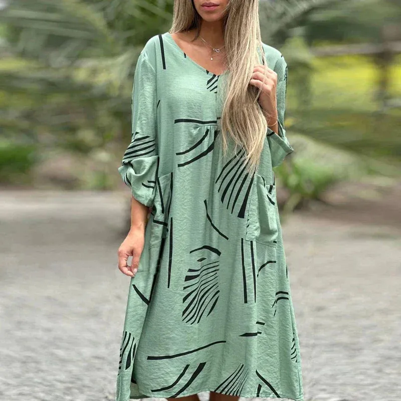 V-neck Long Sleeved Midi Spring Thin Loose Pocket 2024 Women's Casual Pattern Printed Commuter Floral Elegant Dress