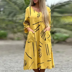 V-neck Long Sleeved Midi Spring Thin Loose Pocket 2024 Women's Casual Pattern Printed Commuter Floral Elegant Dress