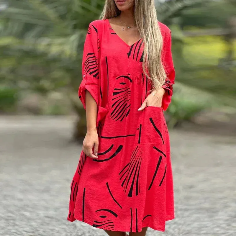 V-neck Long Sleeved Midi Spring Thin Loose Pocket 2024 Women's Casual Pattern Printed Commuter Floral Elegant Dress