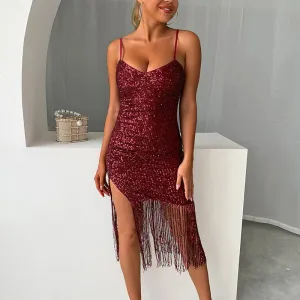 V-neck Slim Tassel Elegant Shiny Sequin Split Sexy Sleeveless Chest Wrapped Strap Club Party Fashion Dress