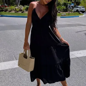 V Spaghetti Casual Pleated High Long Summer Sexy Dress