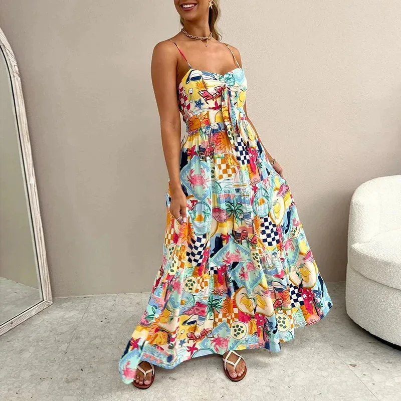 Vacation Spaghetti Strap Casual Pattern Printed Pleated Long Fashion Off Shoulder Bohemian Floral Summer Dress